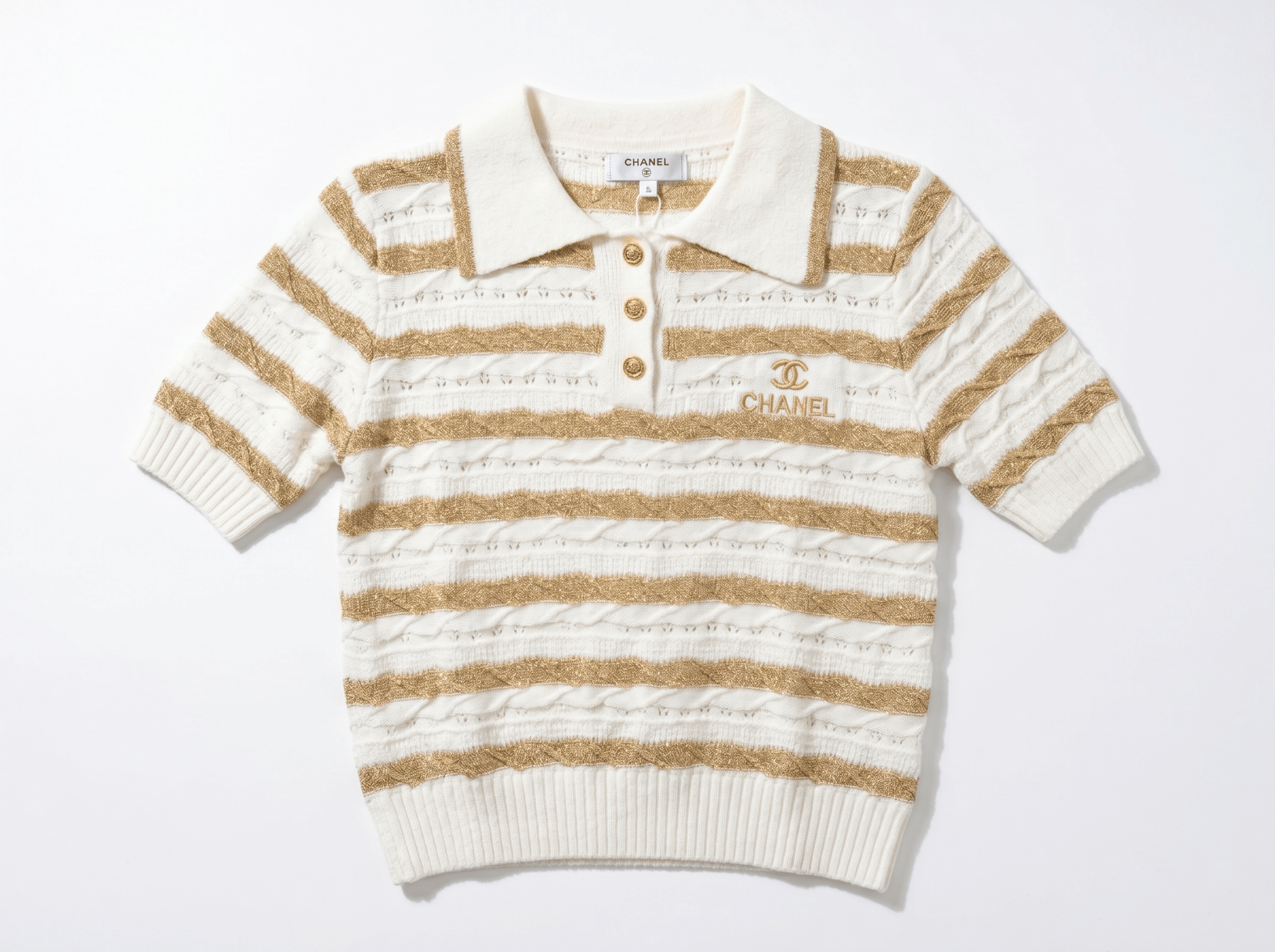 ✨ Chanel White & Gold Striped Knit Polo Top - MASTERPIECE