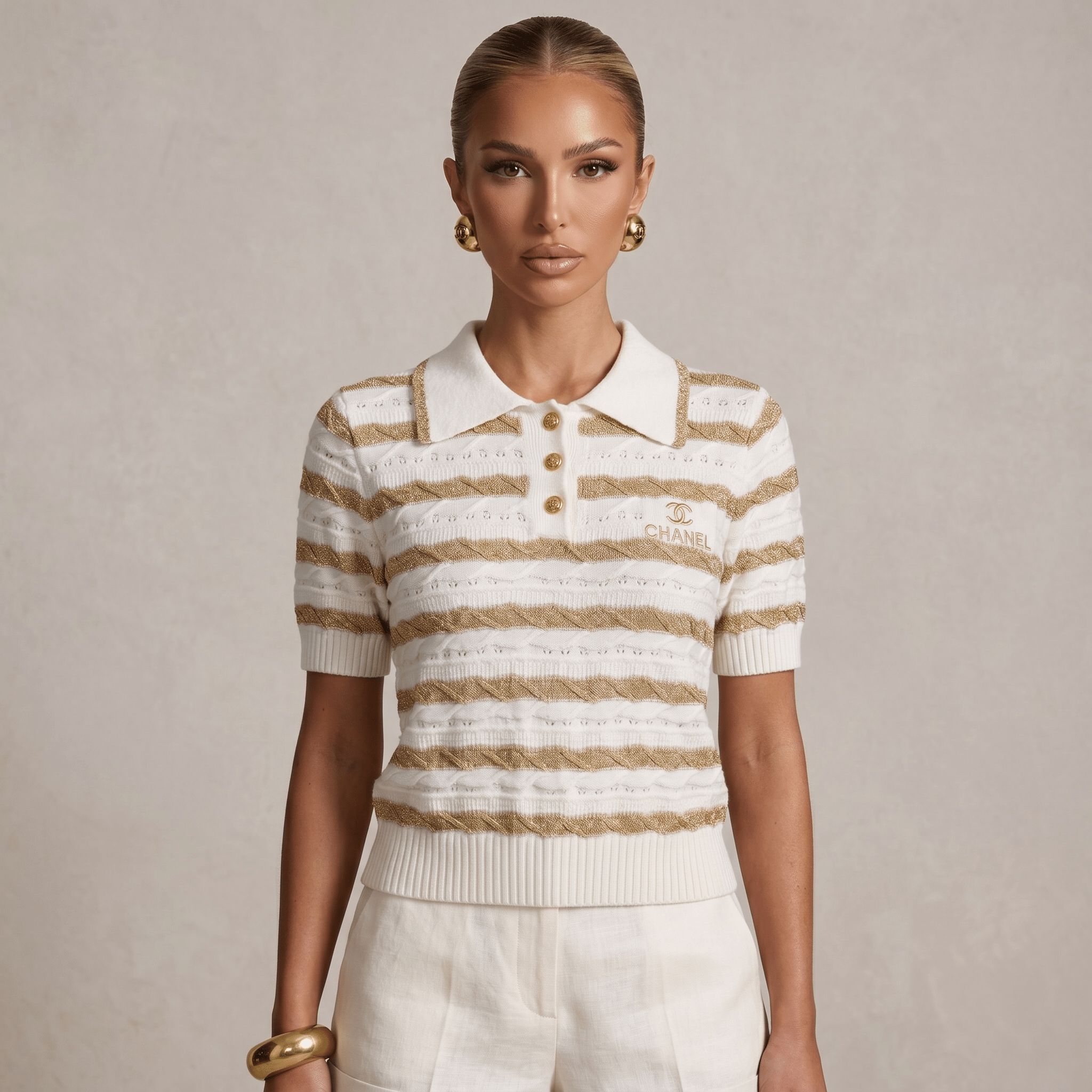 ✨ Chanel White & Gold Striped Knit Polo Top - MASTERPIECE