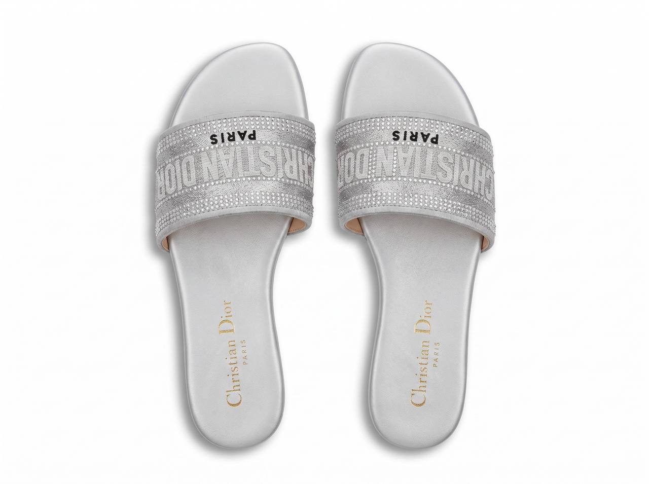 Christian Dior Dway Crystal Logo Slides – Silver Beach Edition ✨ - MASTERPIECE