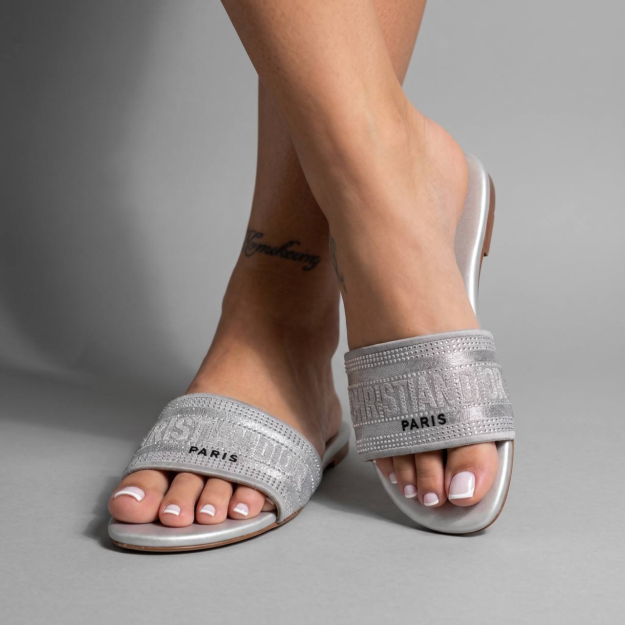 Christian Dior Dway Crystal Logo Slides – Silver Beach Edition ✨ - MASTERPIECE