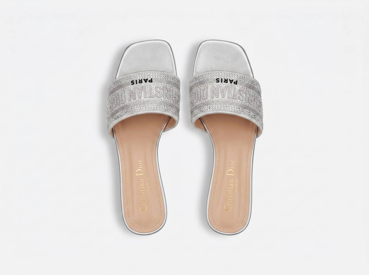 Christian Dior Dway Crystal Logo Slides – Silver ✨ - MASTERPIECE