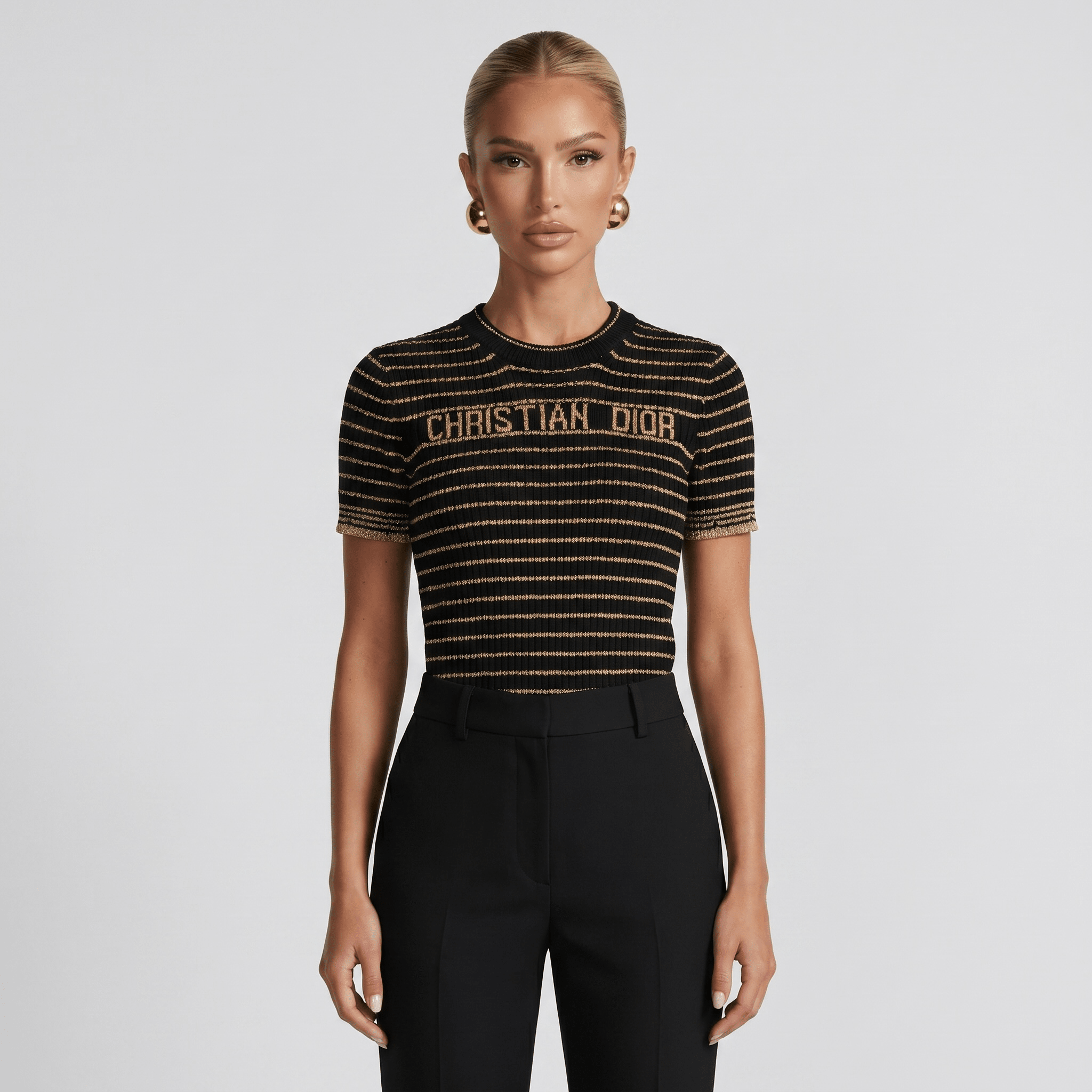 ✨ Christian Dior Metallic Stripe Knit Top – Black & Gold - MASTERPIECE
