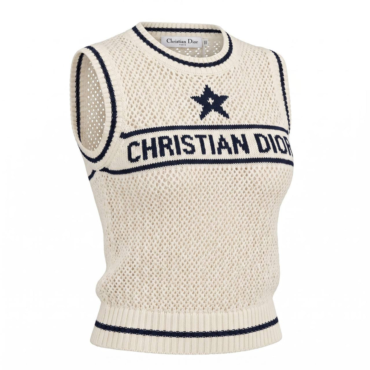 Christian Dior Women's Knit Mesh Sleeveless Top – Luxury Designer Cream Tank Sweater - MASTERPIECE
