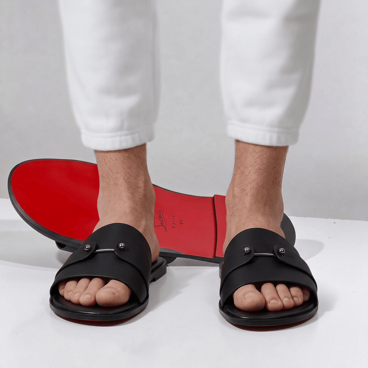 Christian Louboutin Inspired Black Leather Slide Sandals – Luxury Designer Summer Slippers ❤️🖤 - MASTERPIECE