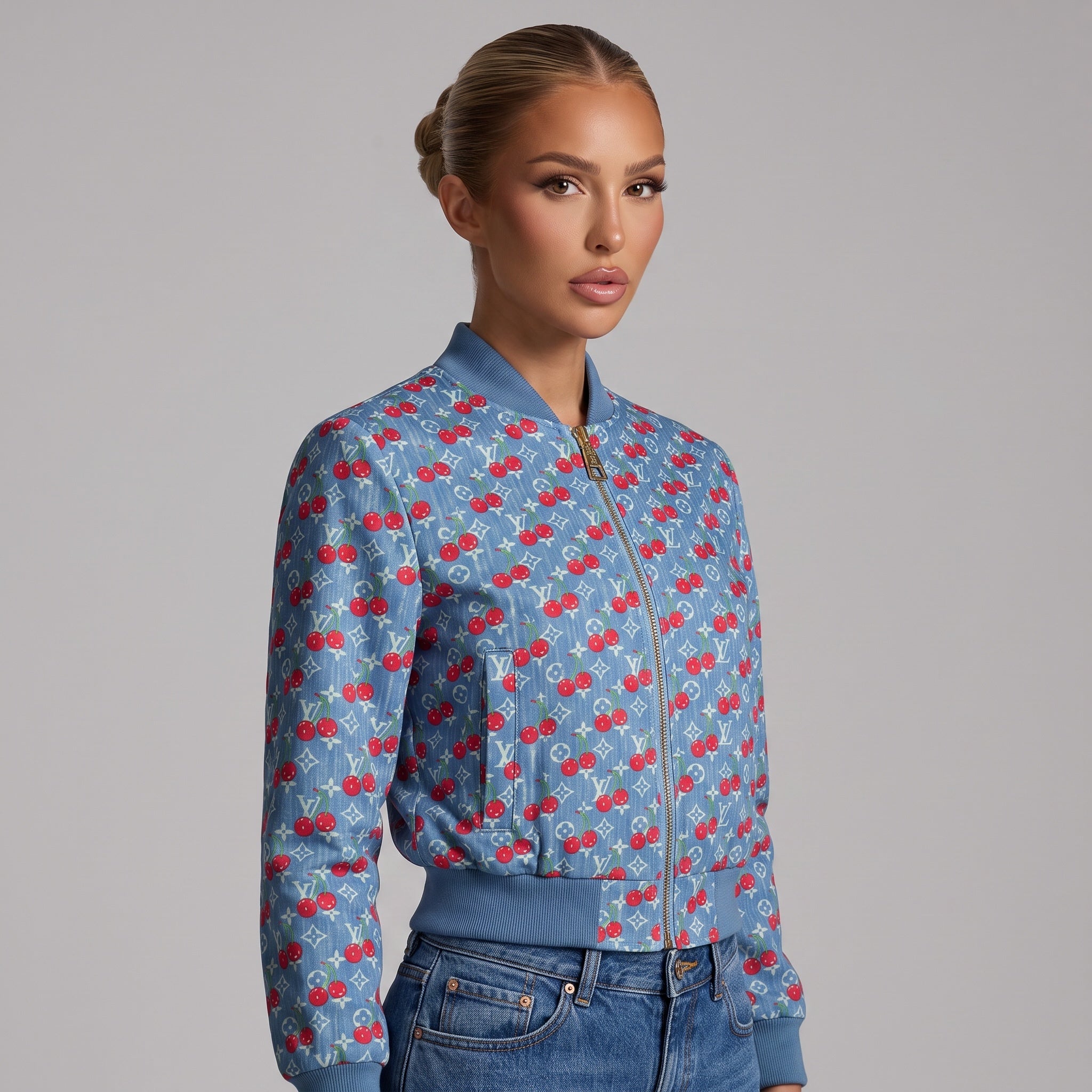 Blue Louis Vuitton bomber jacket with cherry and monogram print