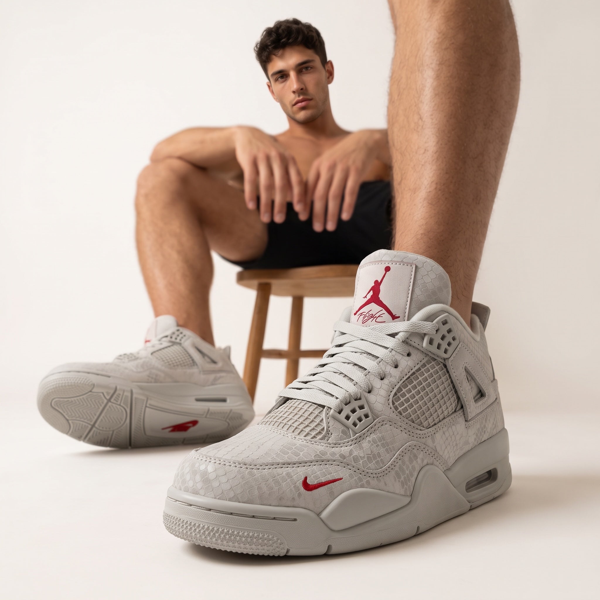 Light grey Jordan Air 4 sneakers with textured upper and red Jumpman logo