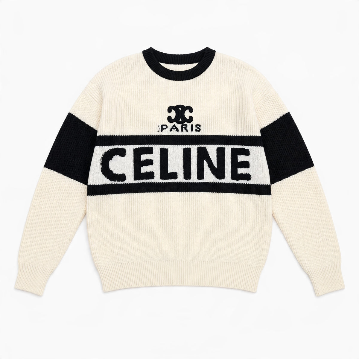 Ivory and black Celine crewneck sweater with large CELINE logo and Triomphe emblem