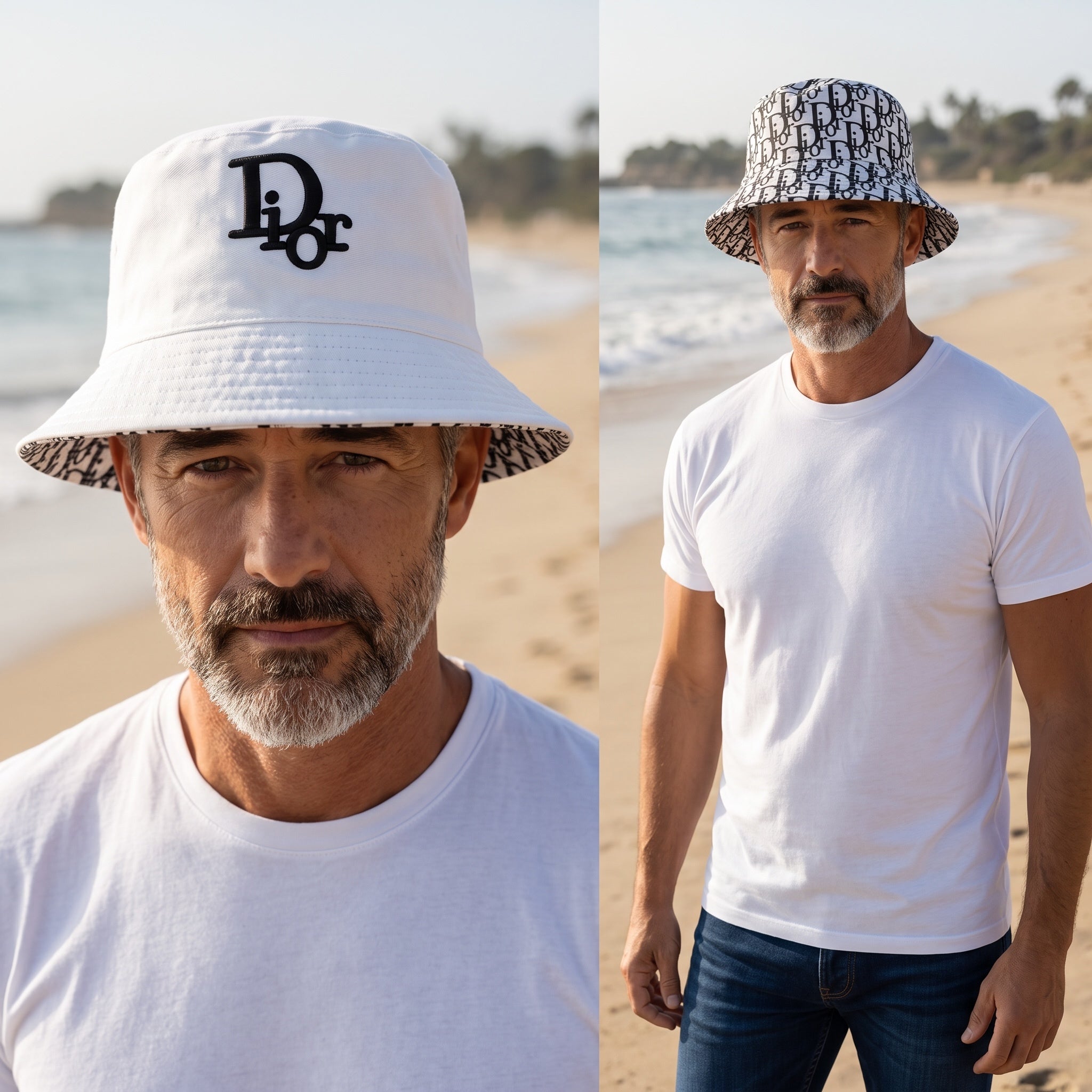 White Dior bucket hat with embroidered logo, reversible to black and white Oblique monogram print