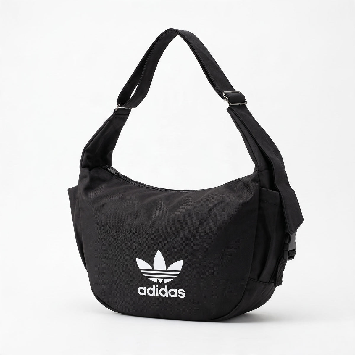 Black Adidas Originals shoulder bag with white Trefoil logo and adjustable strap