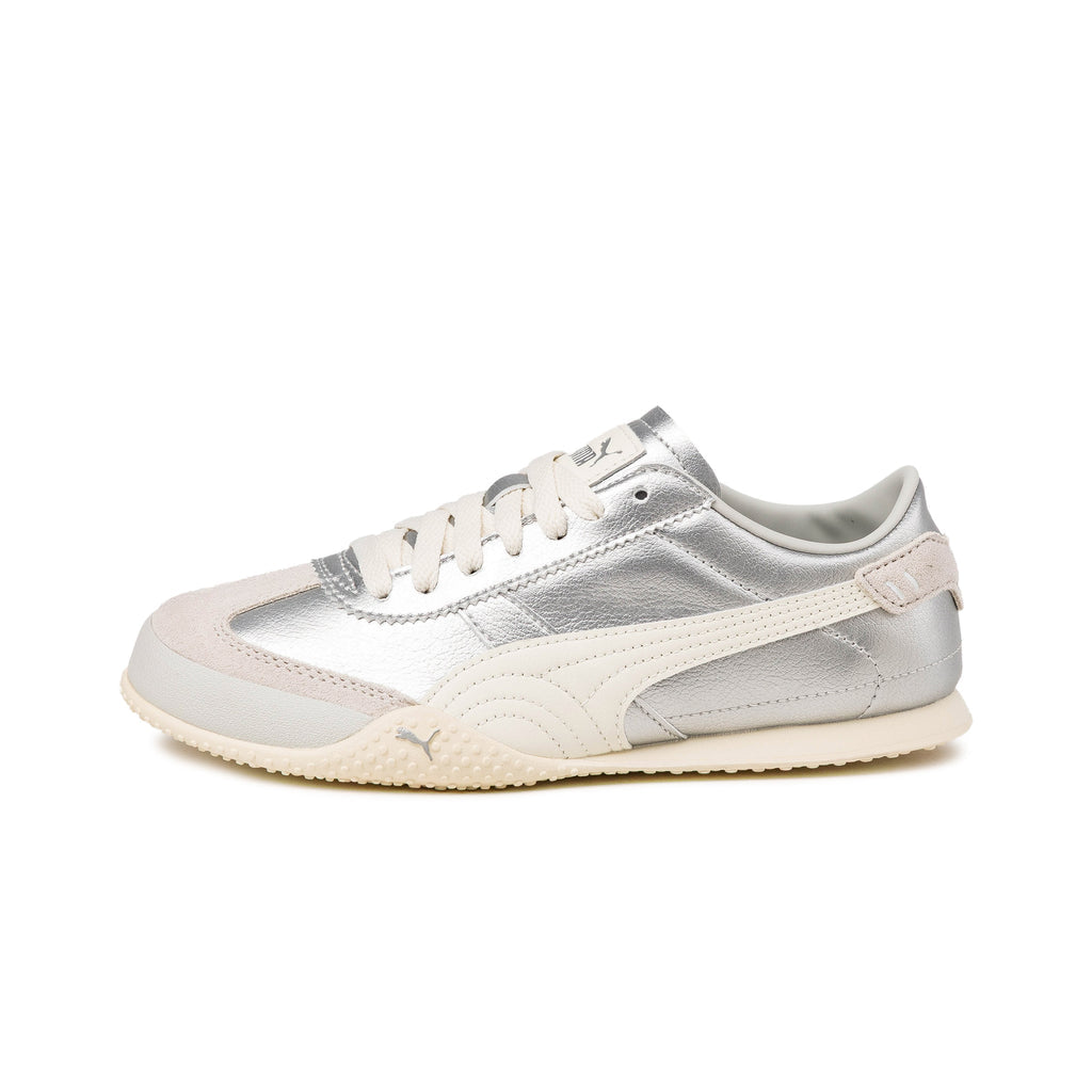 Puma low-profile silver metallic trainer with cream formstrip and textured off-white sole
