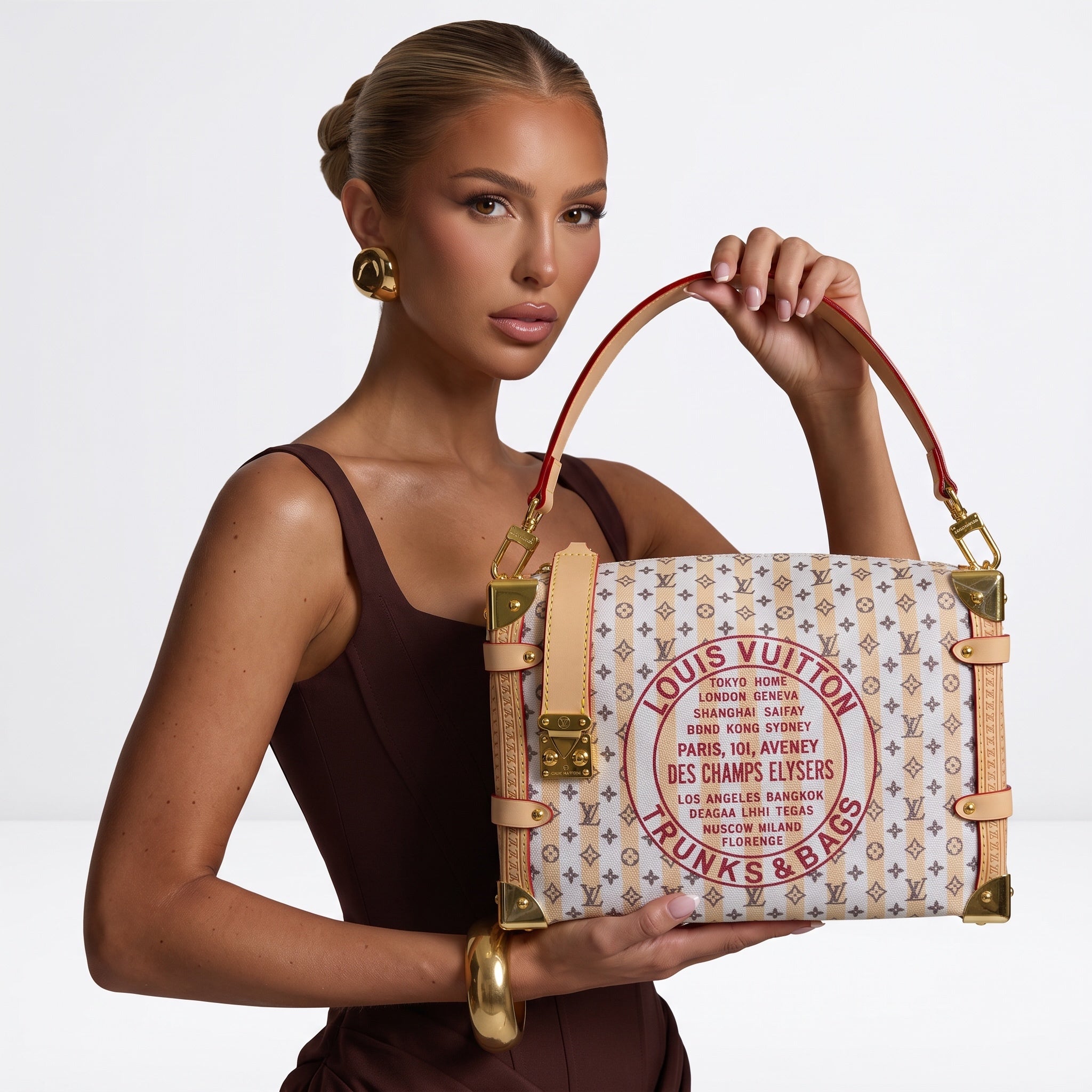 Louis Vuitton monogram Trunks & Bags canvas shoulder bag with gold corners and pale trim