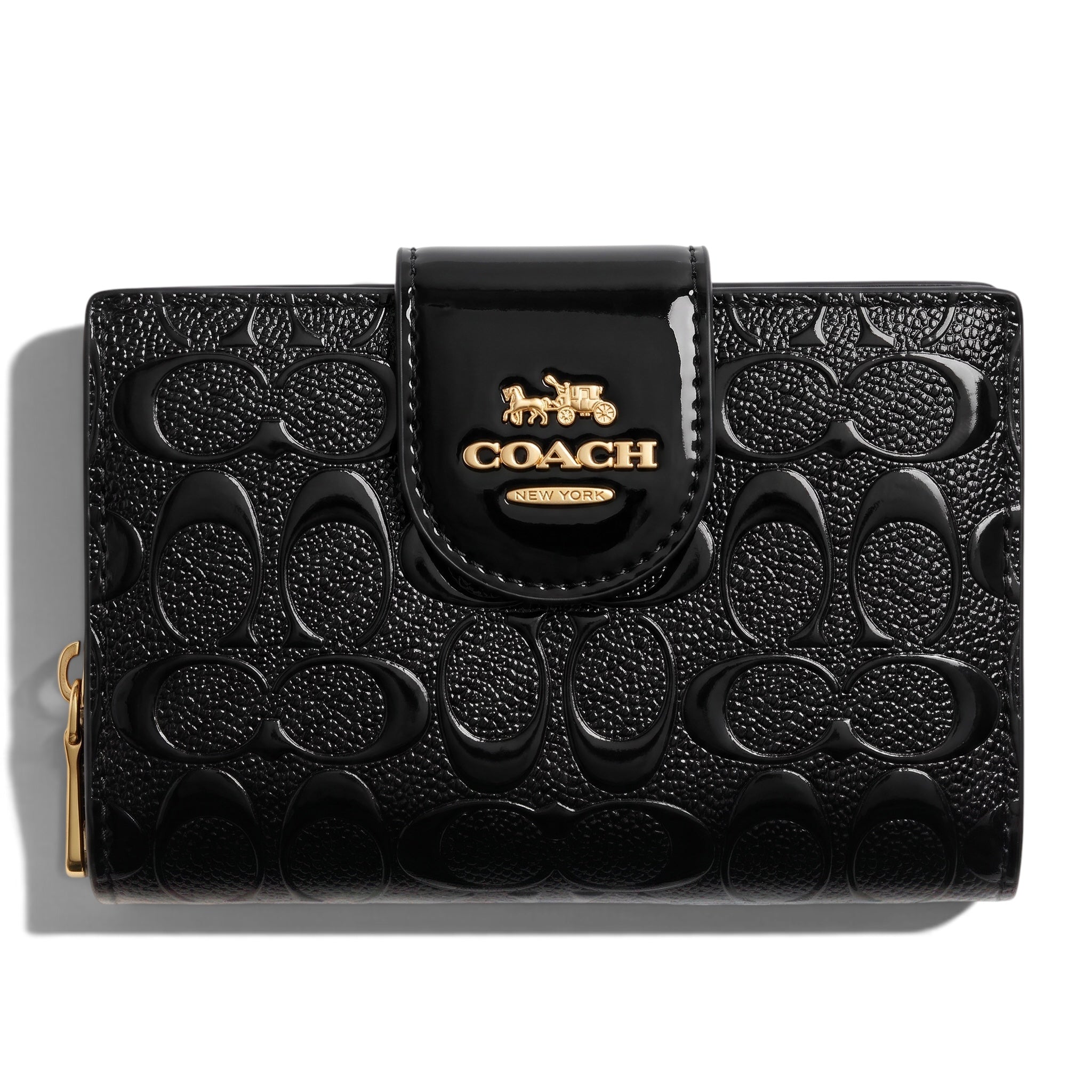 Coach small black patent wallet with embossed signature pattern and gold logo