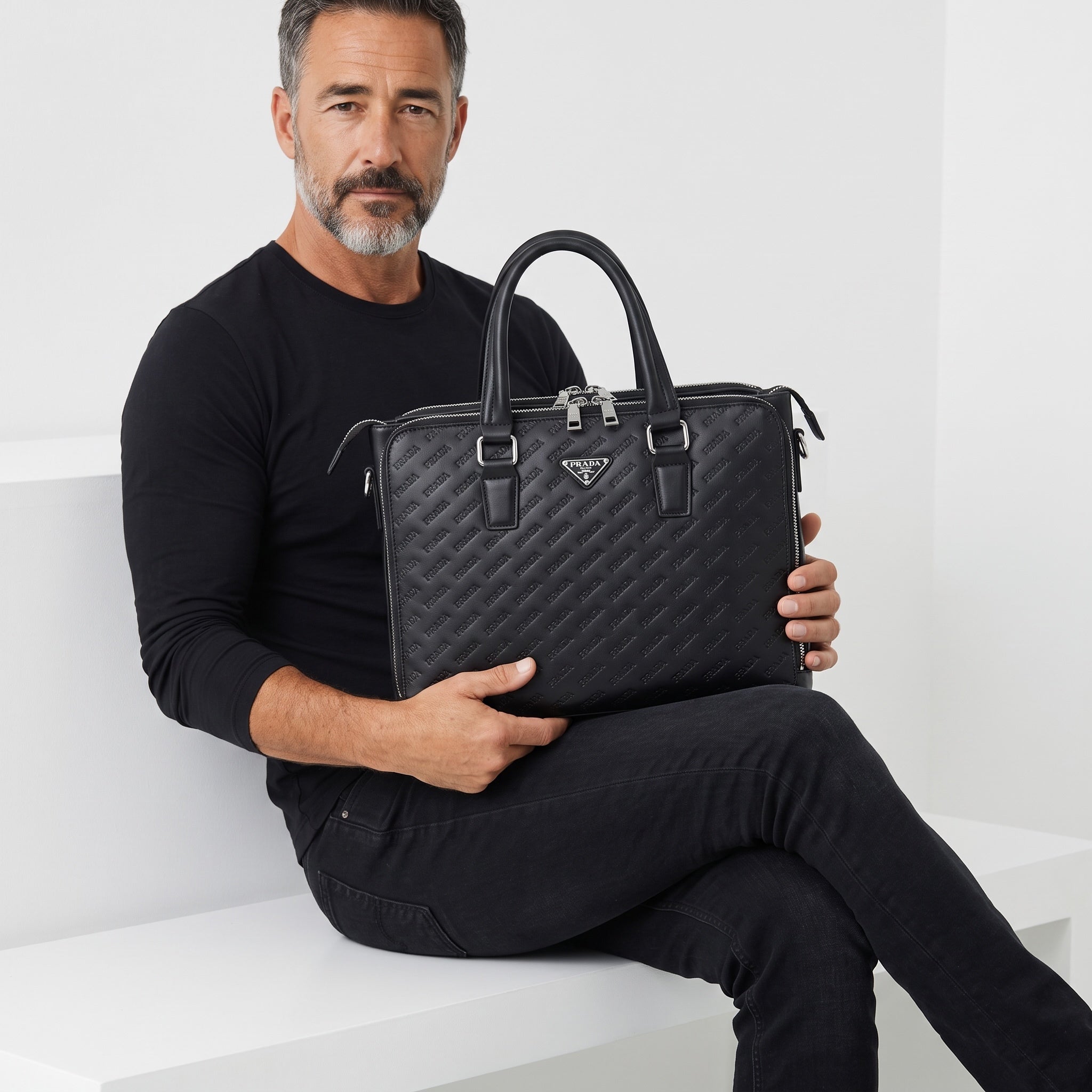 Black Prada embossed leather briefcase with top handles and silver hardware