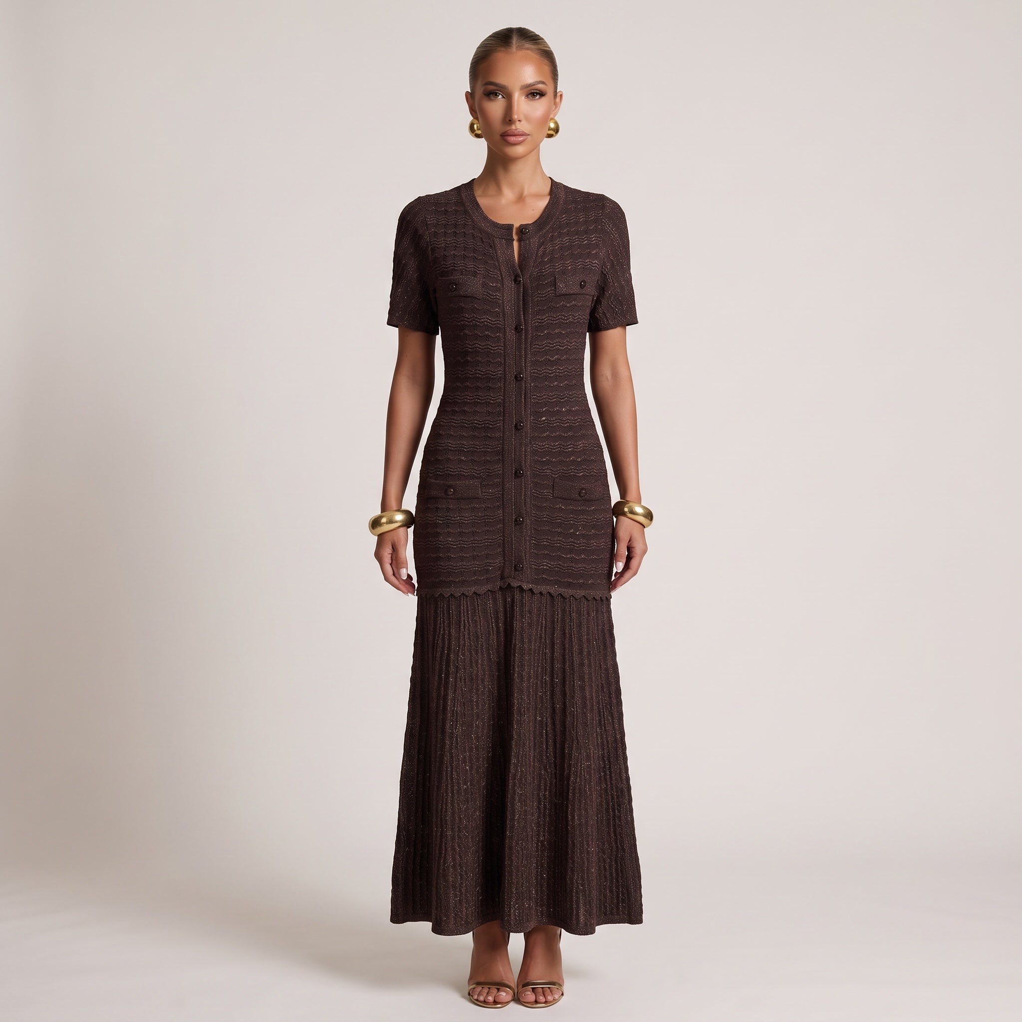 chocolate brown knit cardigan-style midi dress with pleated skirt and patch pockets