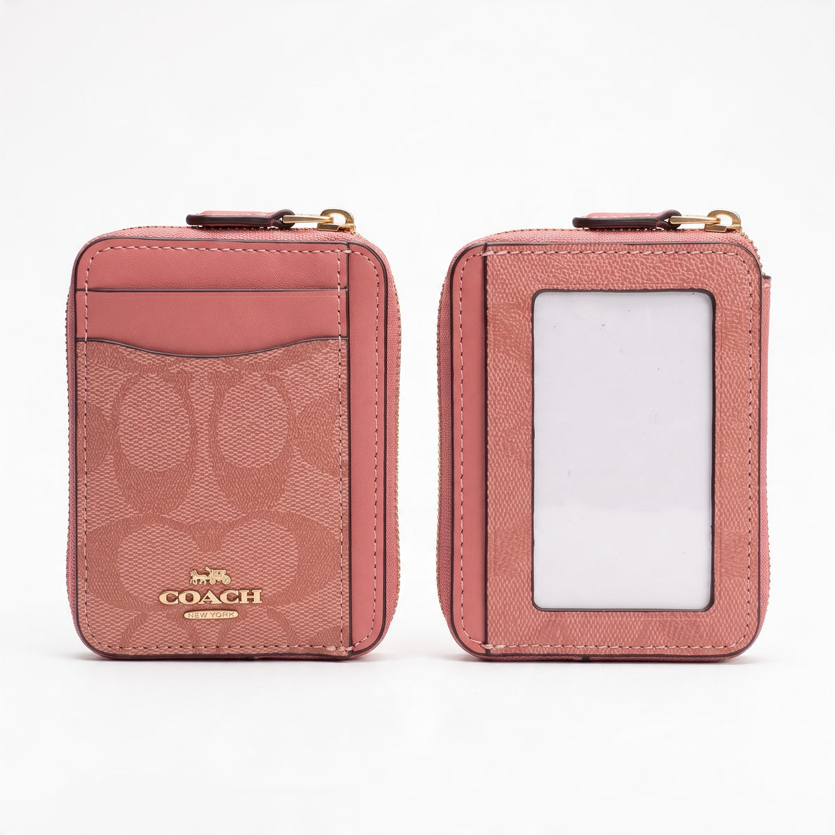 Coach rose pink zip card case with ID window and gold logo