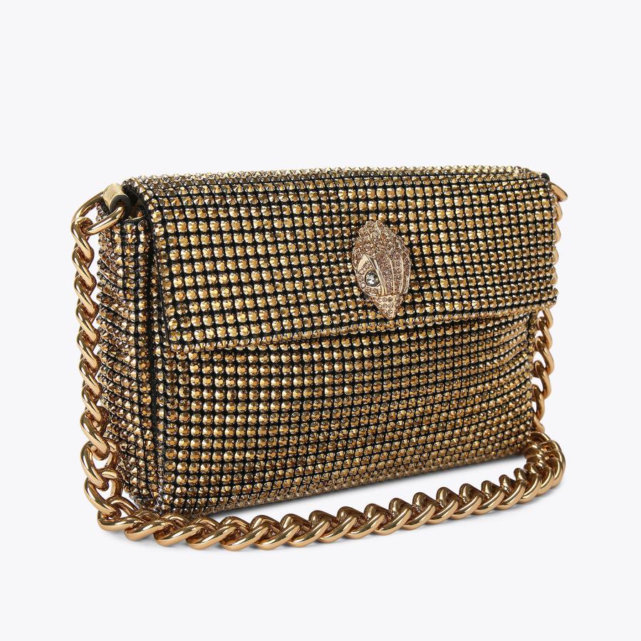 gold crystal mesh shoulder bag with sculpted jewel clasp and chunky chain strap