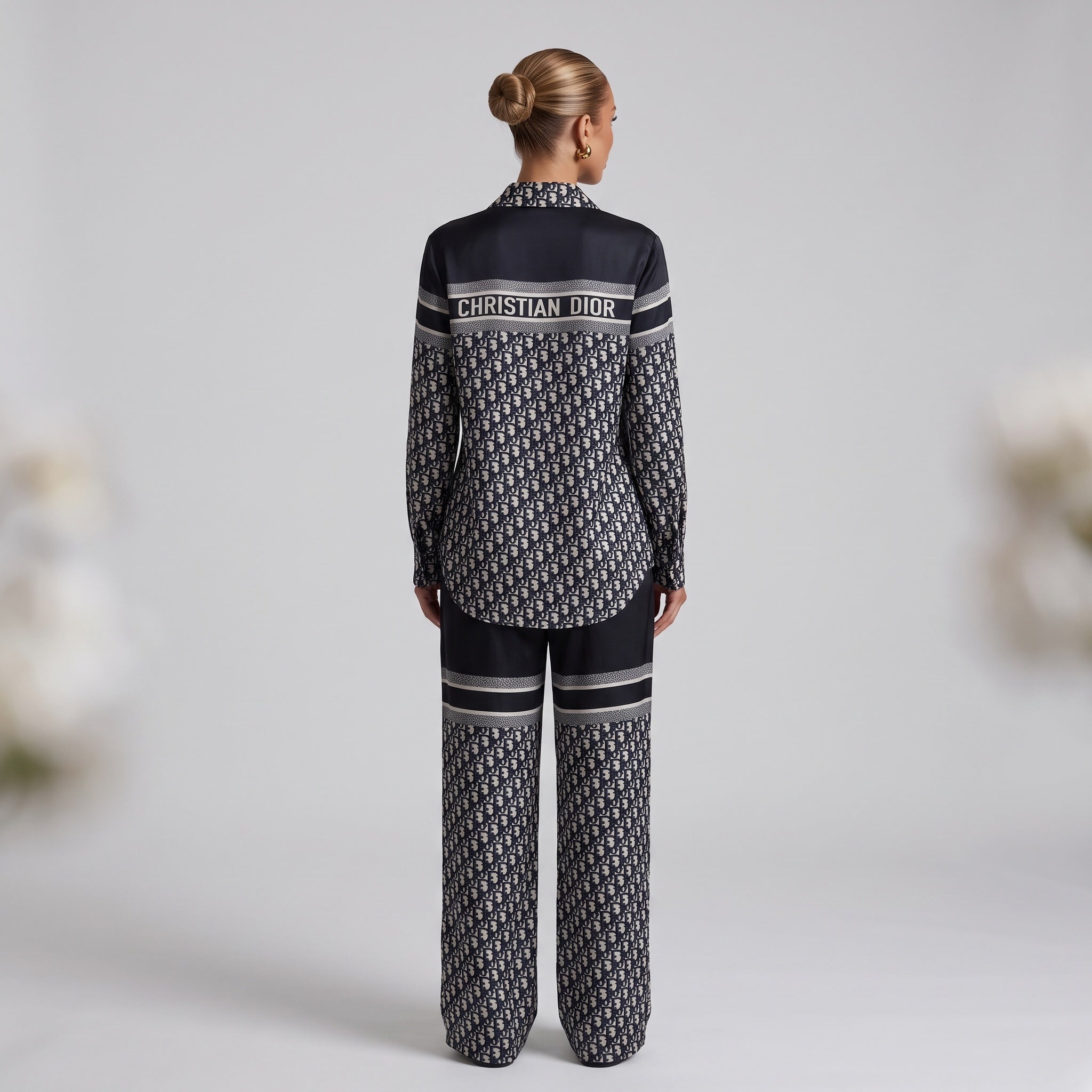 Christian Dior navy long-sleeve shirt with oblique monogram and contrast banding