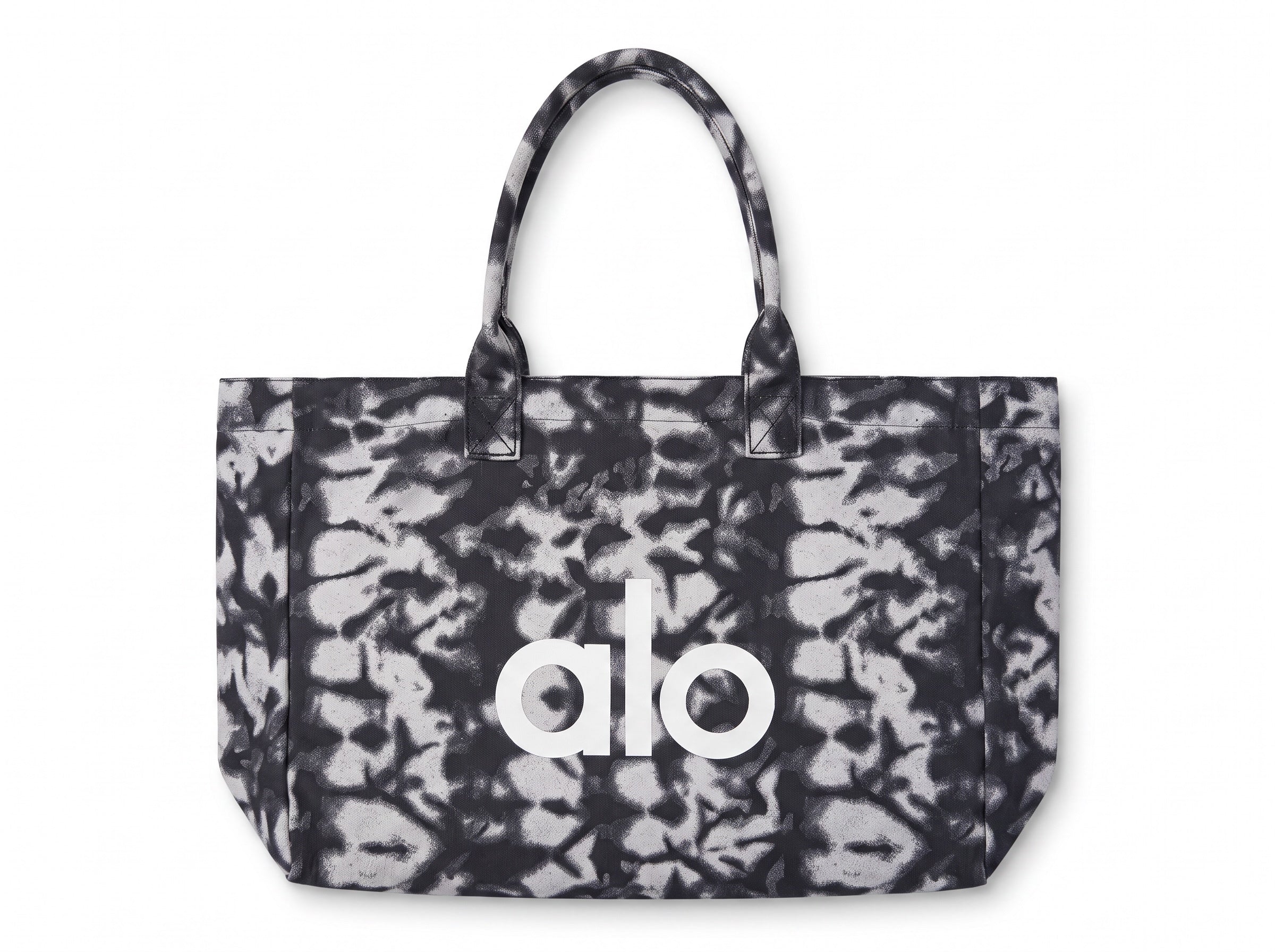 black and white tie-dye Alo logo tote bag with shoulder handles