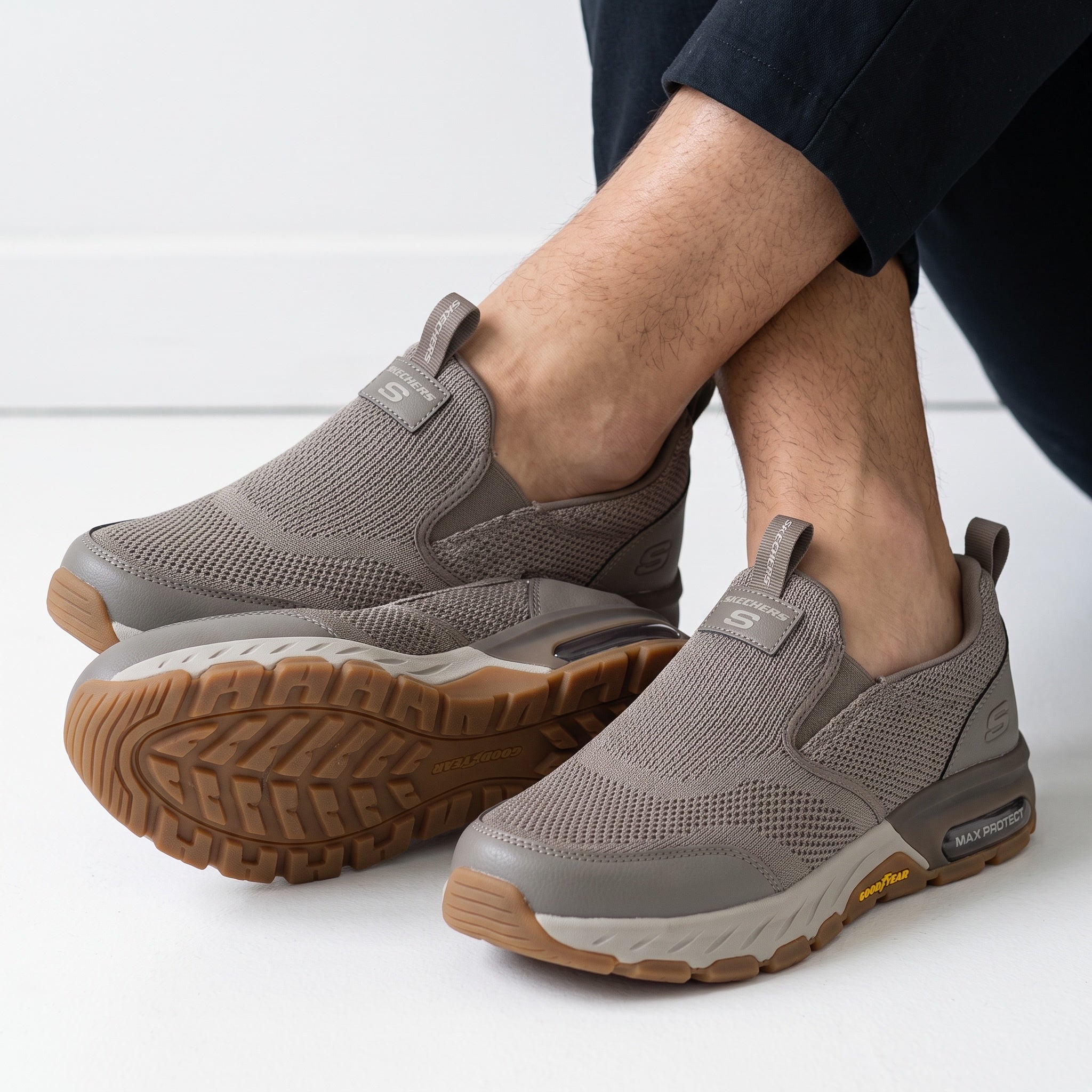 Skechers taupe knit slip-on sneaker with chunky white midsole and gum Goodyear outsole