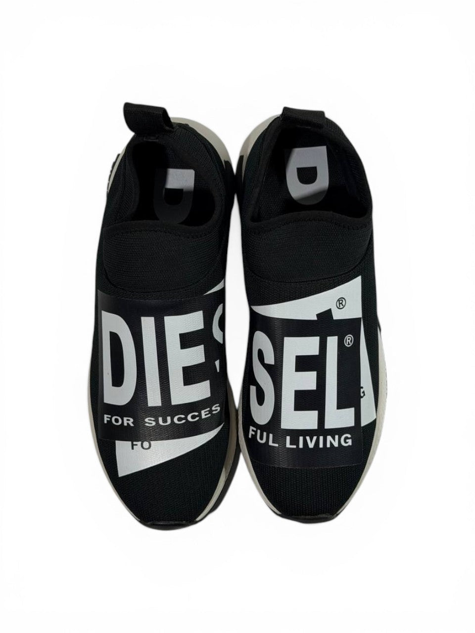 Diesel Black Slip-On Sneakers – Bold Logo Print, Lightweight Knit Trainer - MASTERPIECE