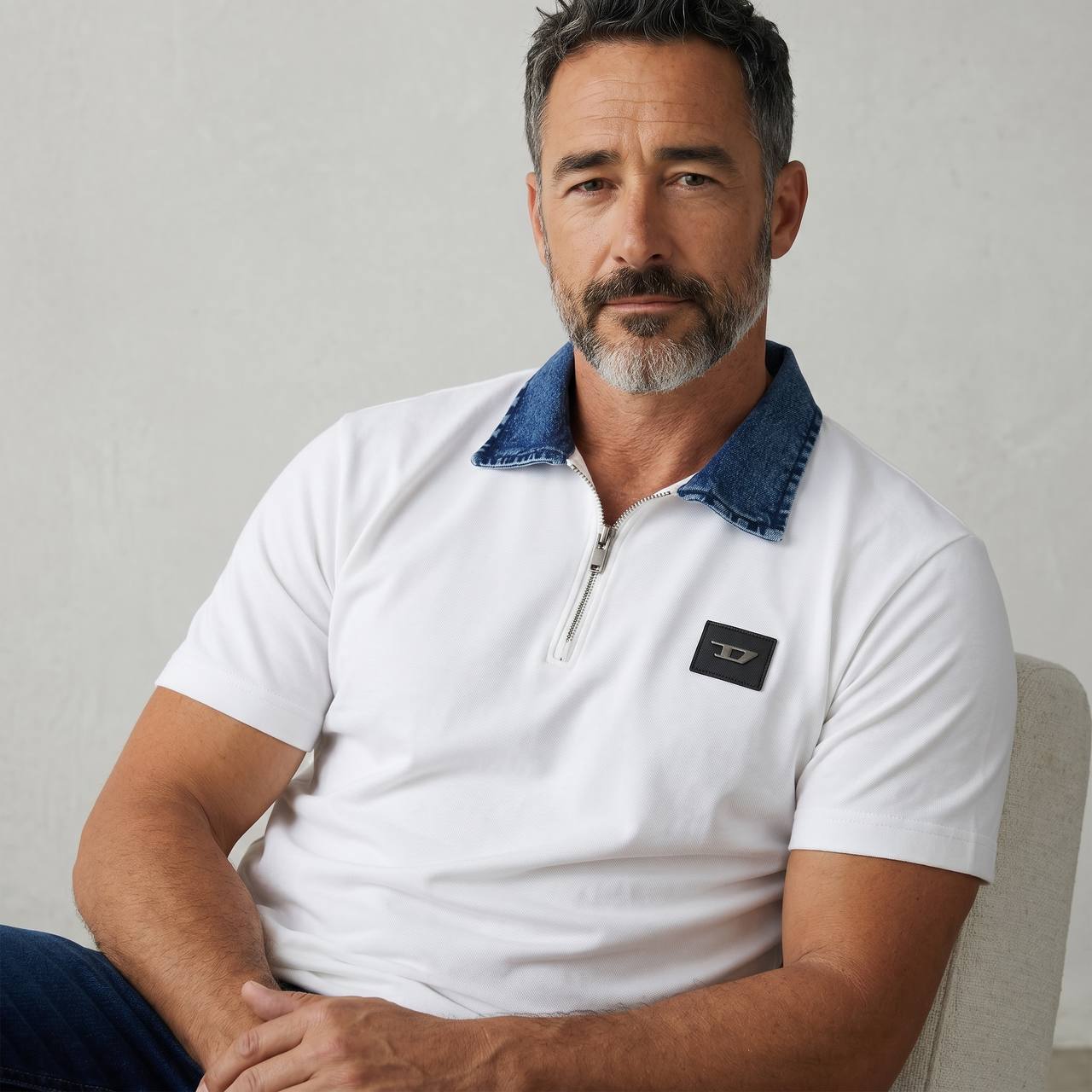 Diesel Denim Collar Zip Polo – Arctic White Edition 🤍💙 - MASTERPIECE