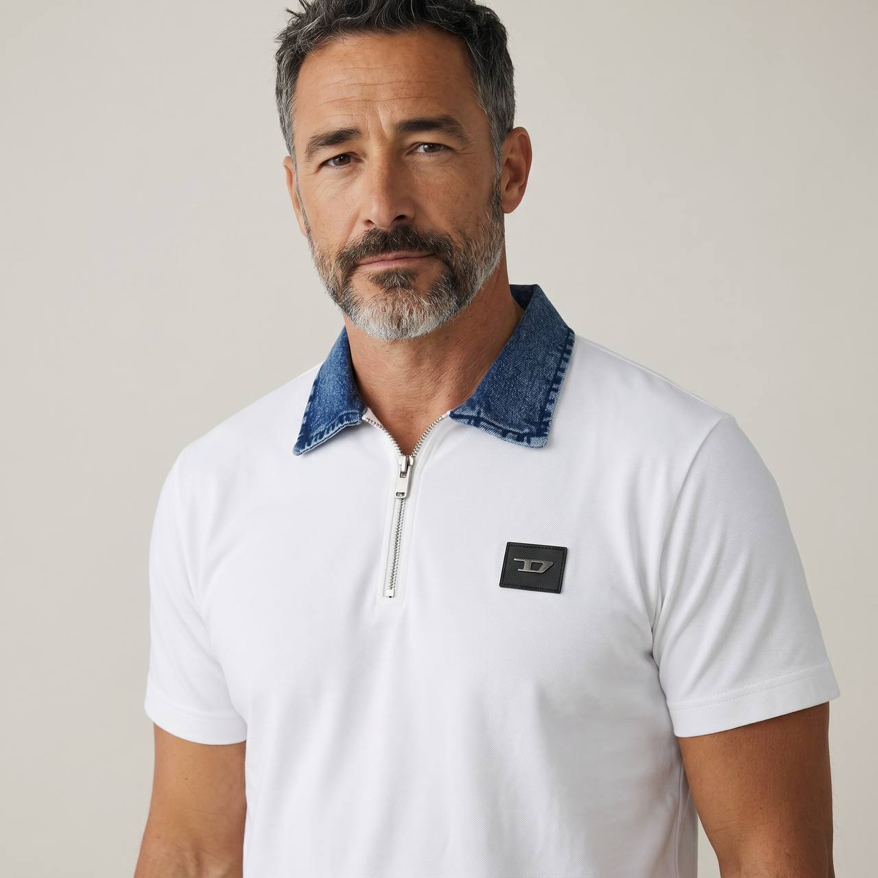 Diesel Denim Collar Zip Polo – Arctic White Edition 🤍💙 - MASTERPIECE