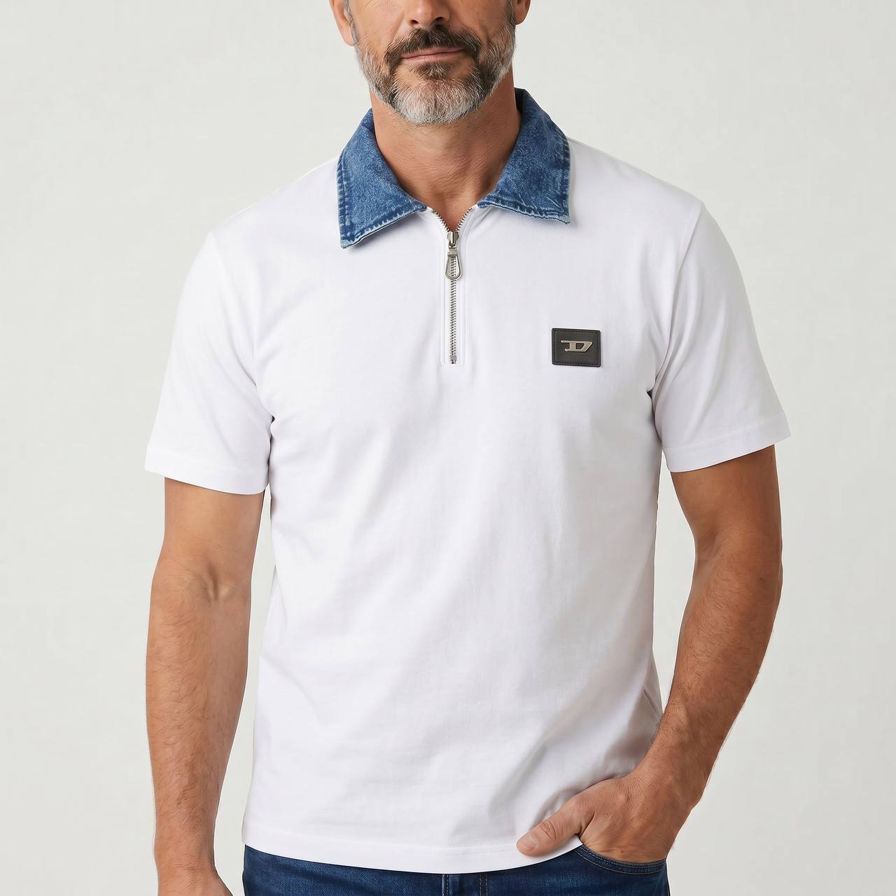 Diesel Denim Collar Zip Polo – Arctic White Edition 🤍💙 - MASTERPIECE