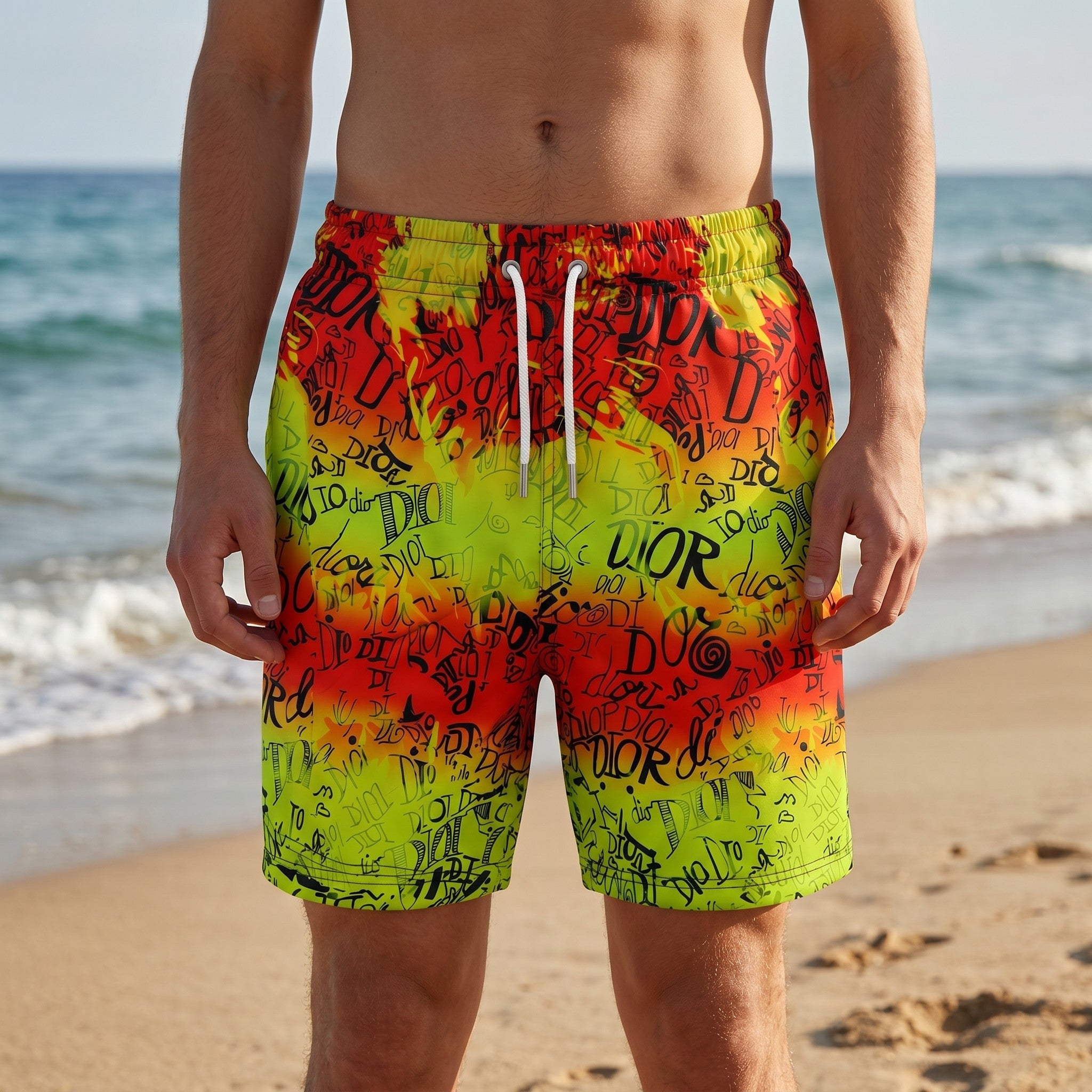 Dior Graffiti Splash Swim Shorts – Neon Yellow & Red 🎨🌴 - MASTERPIECE