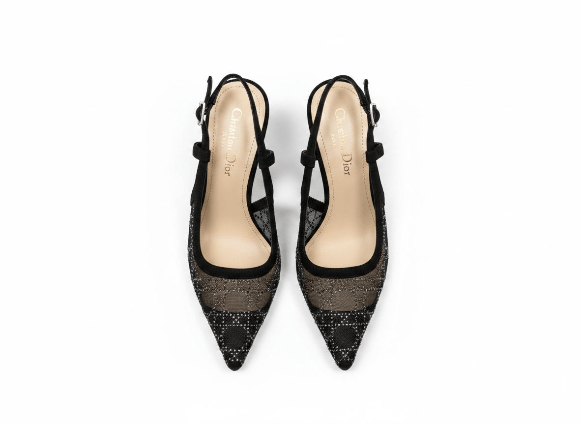 Dior-Inspired Crystal Mesh Slingback Heels ✨🖤 - MASTERPIECE