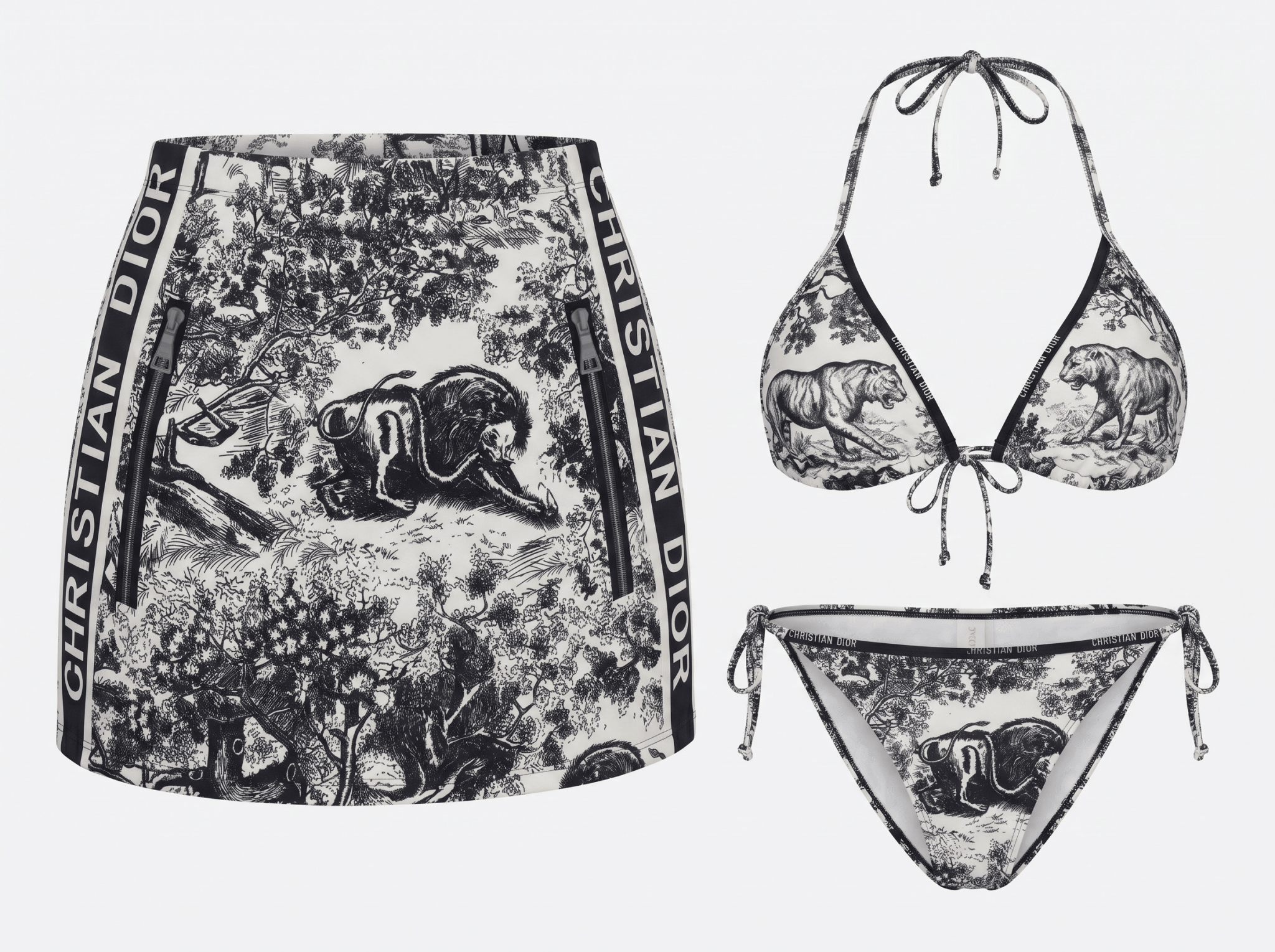 Dior Toile de Jouy Bikini Set with Matching Pareo Skirt – Black & White 🖤🤍🏖️ - MASTERPIECE