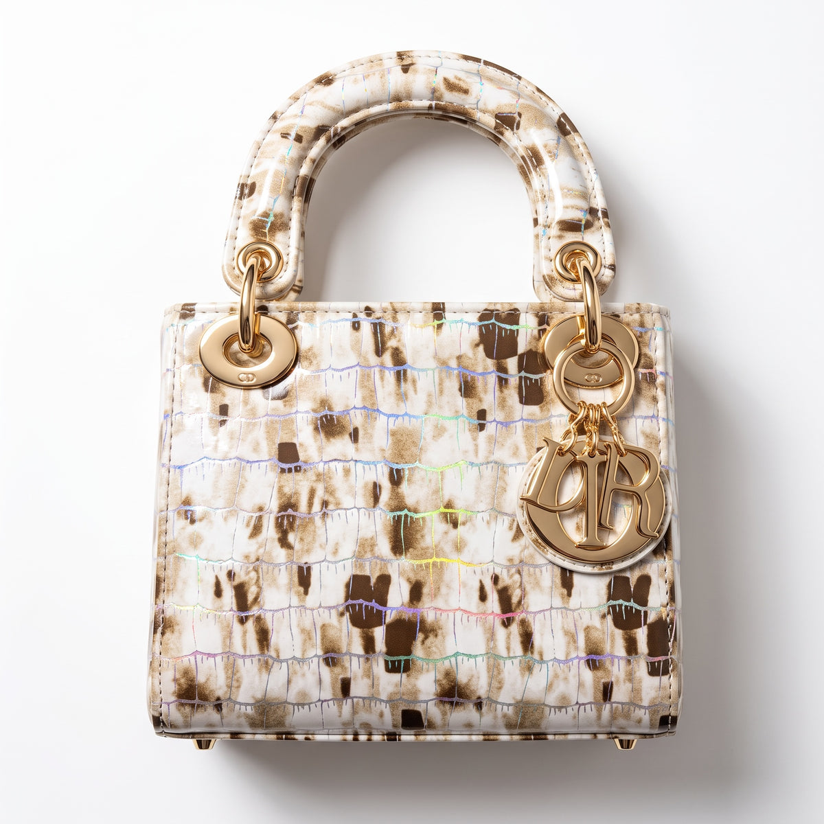 mini Dior Lady Dior top-handle bag with brown holographic patterned finish and gold charms