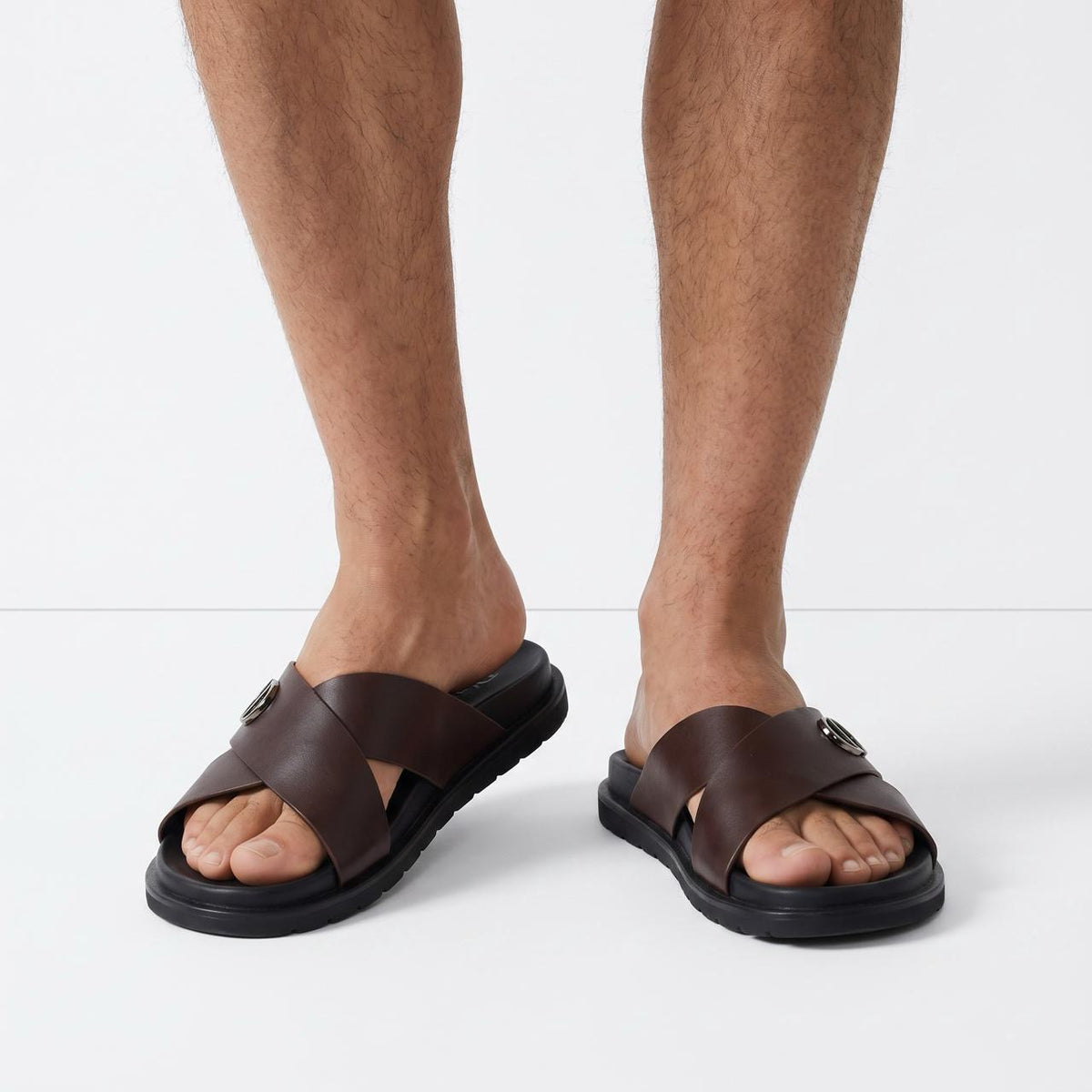 Dior men's brown cross-strap slides with CD logo and black sole