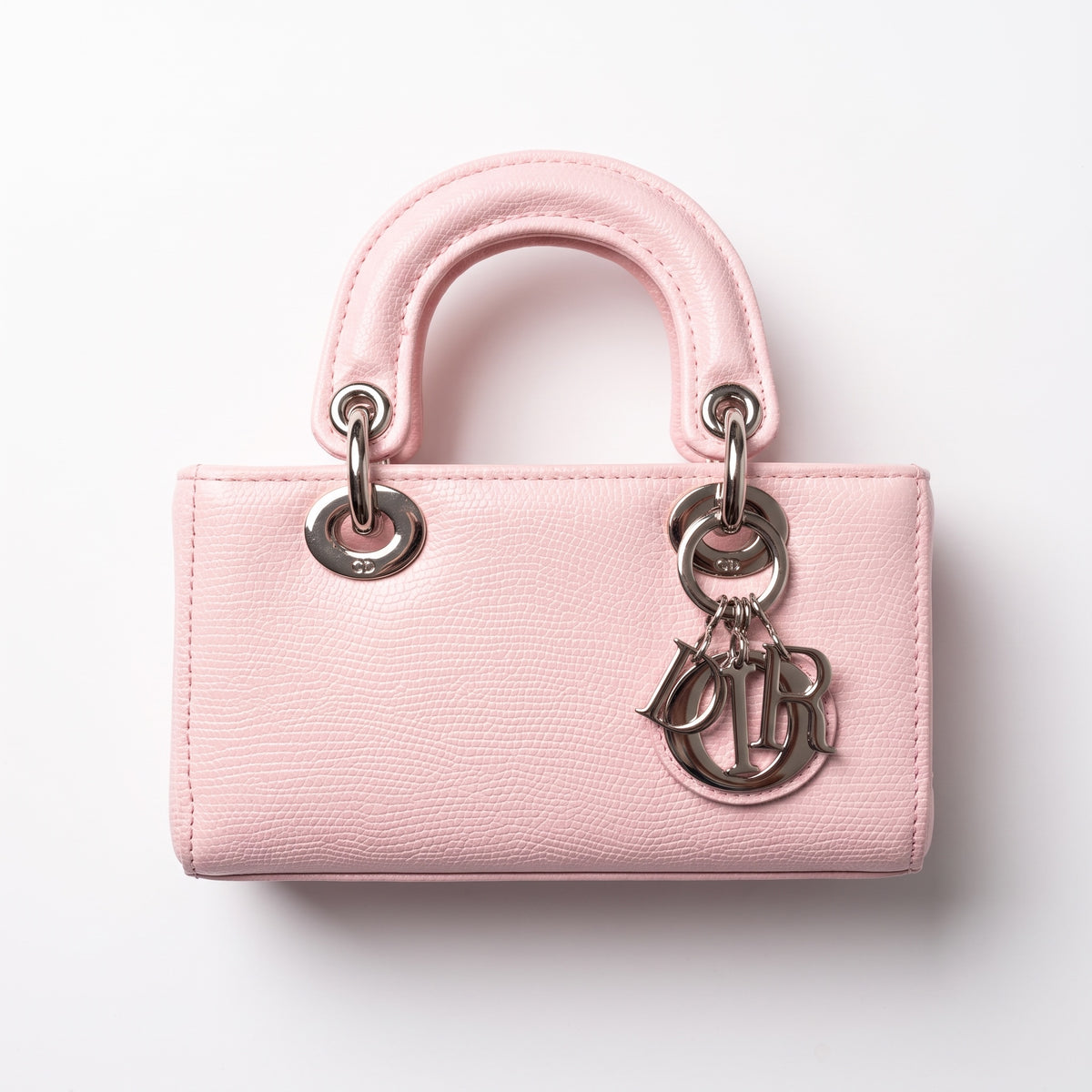 mini pink Lady Dior top-handle tote with silver letter charms