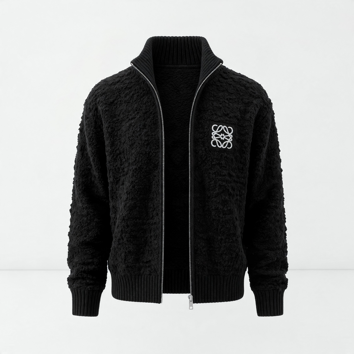 black sherpa zip jacket with ribbed collar and embroidered Loewe logo