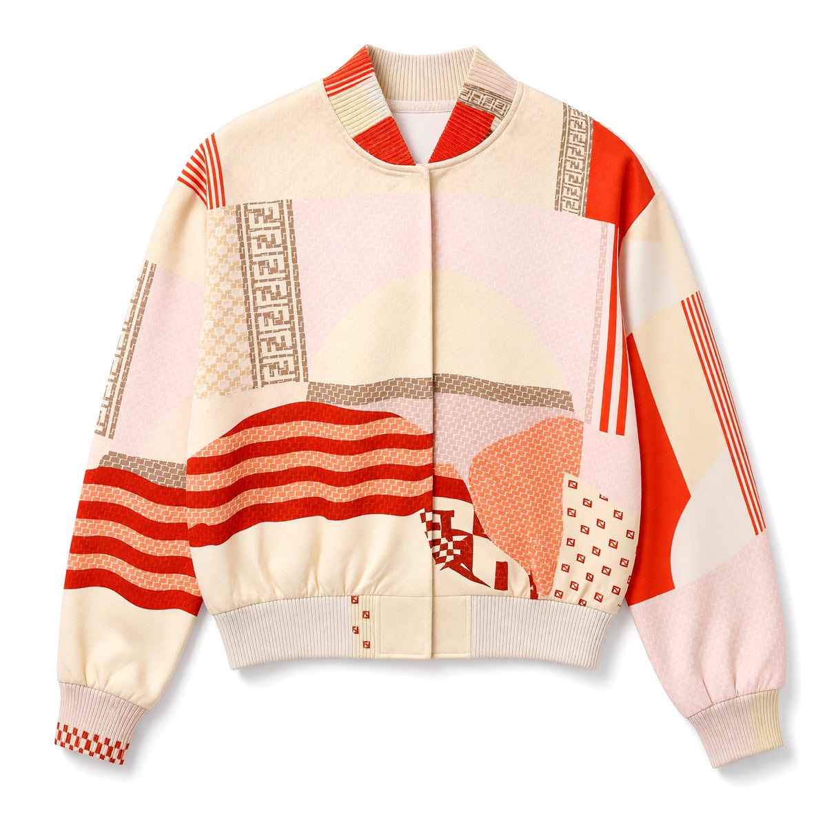 Fendi cropped printed bomber jacket cream orange with ribbed collar and cuffs
