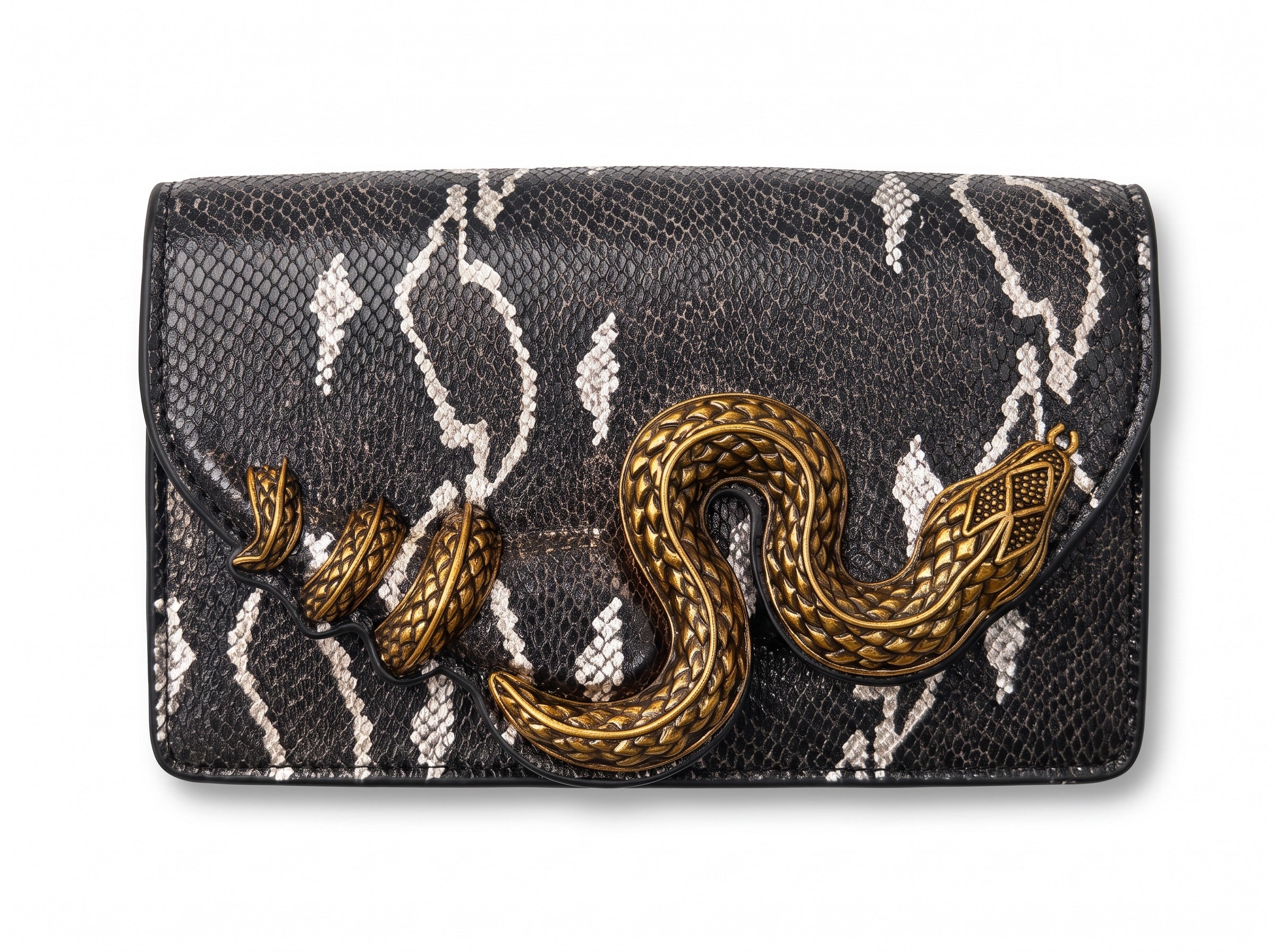 black snake-print clutch with gold snake hardware