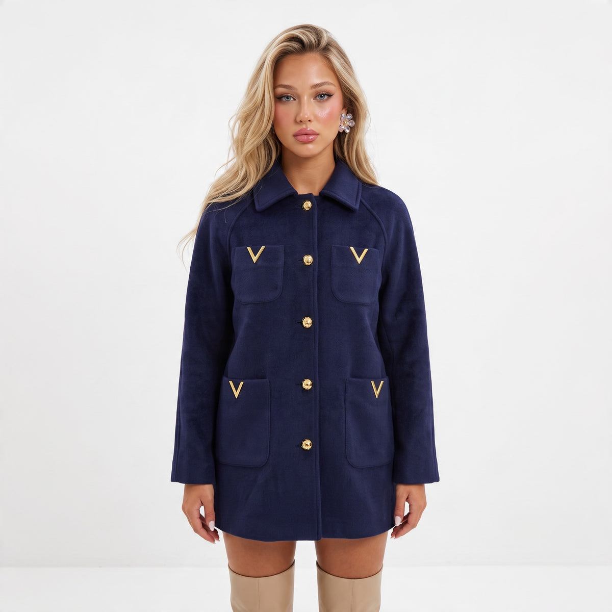 navy women's wool jacket with gold V hardware and gold buttons
