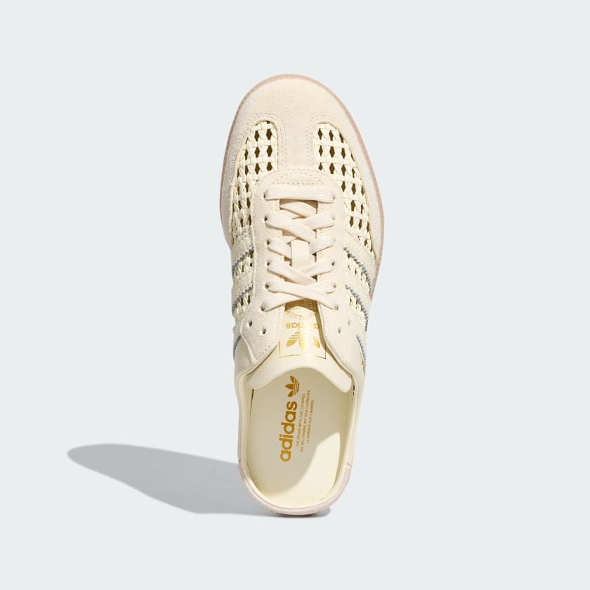 Cream Adidas Samba mule with woven upper and gum sole, backless slip-on style