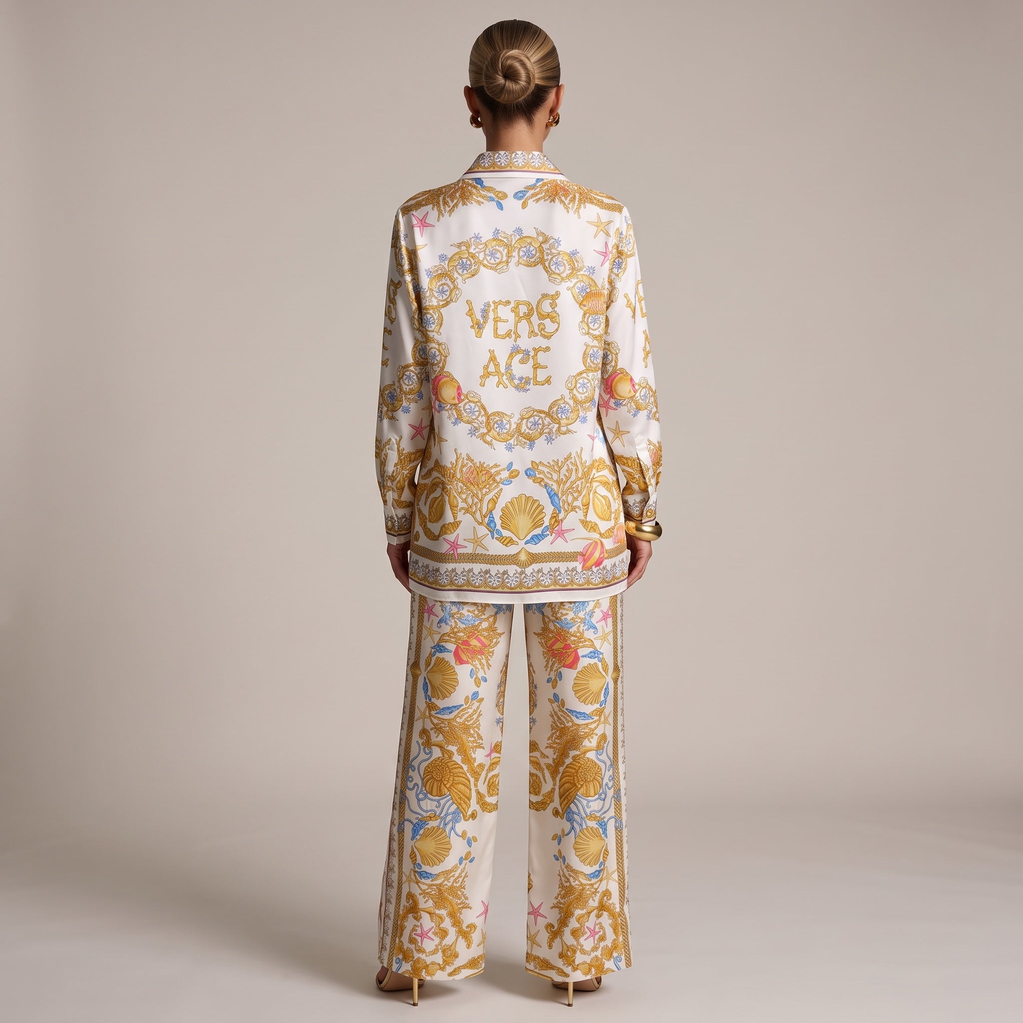 Versace cream printed button-up shirt with gold baroque seashell pattern