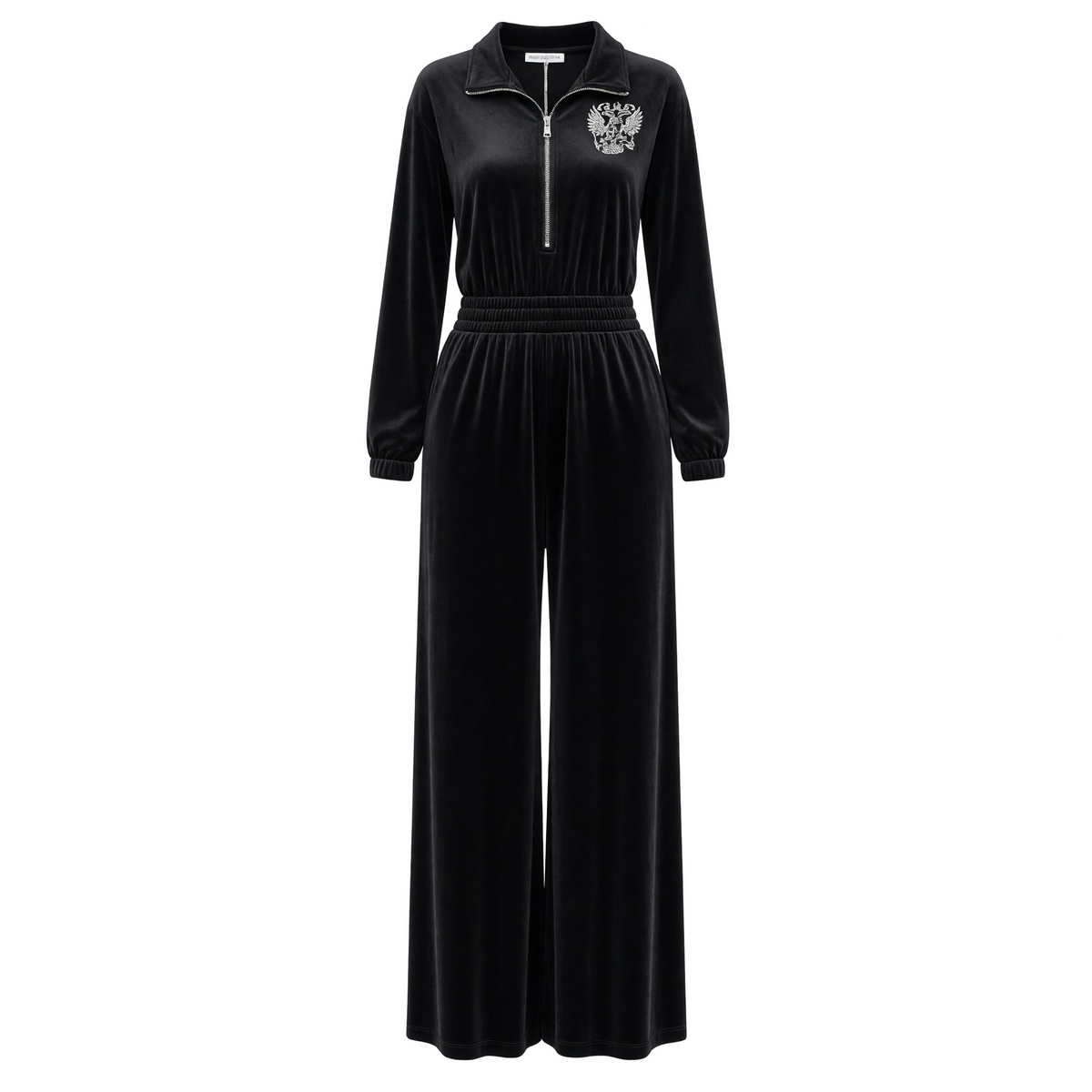 black velvet jumpsuit with half zip, elastic waist and embroidered crest on chest and back