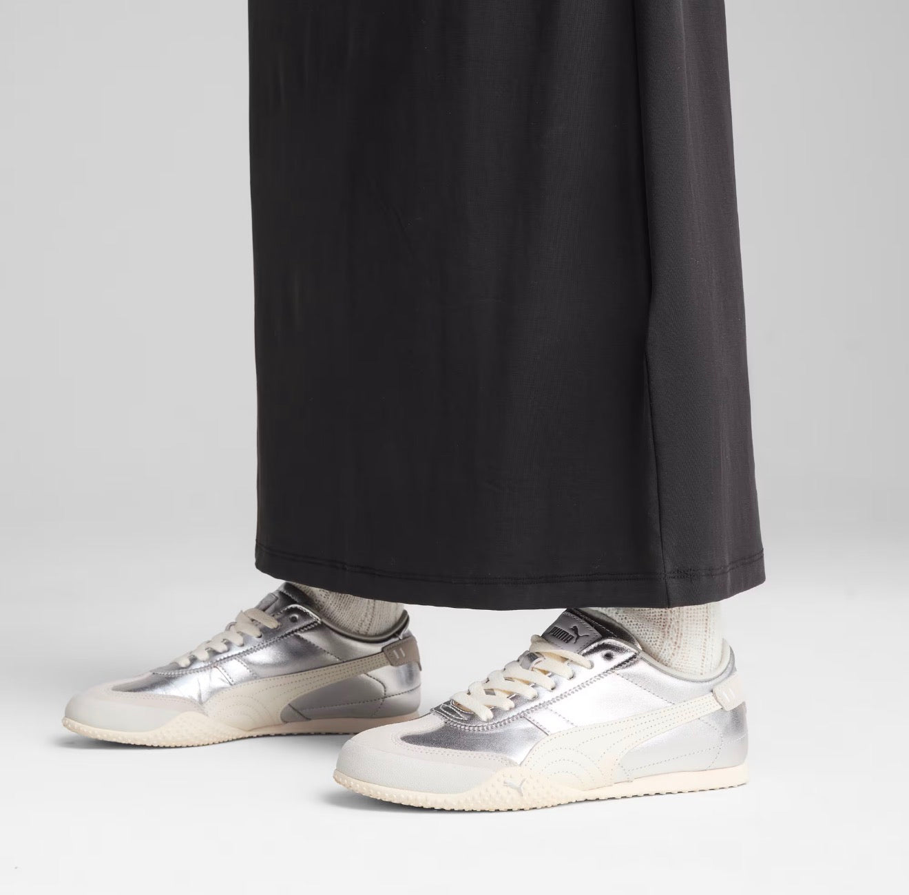 Puma low-profile silver metallic trainer with cream formstrip and textured off-white sole