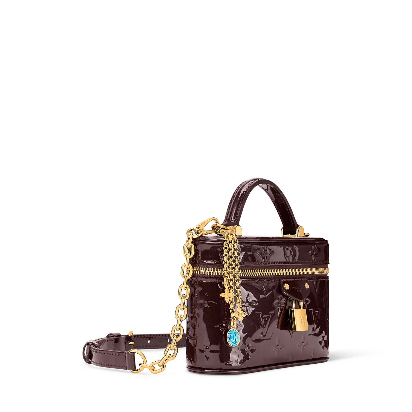 Louis Vuitton small burgundy patent monogram vanity bag with gold hardware and chain charm