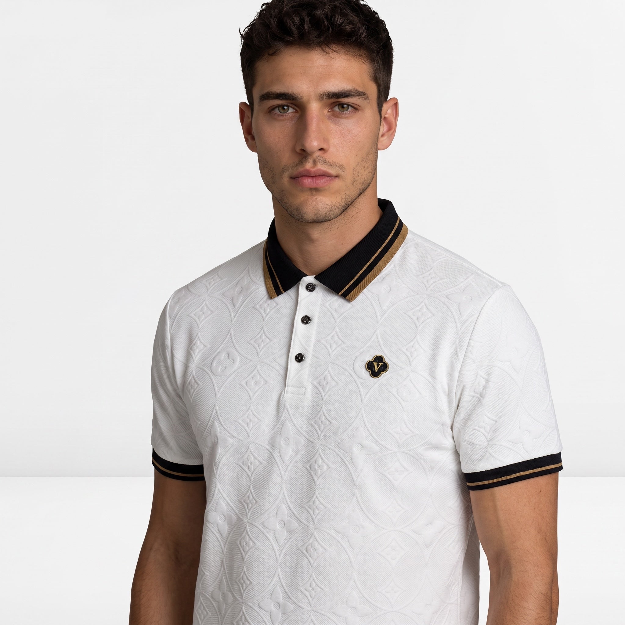 White Louis Vuitton embossed monogram polo with black and gold collar and chest badge