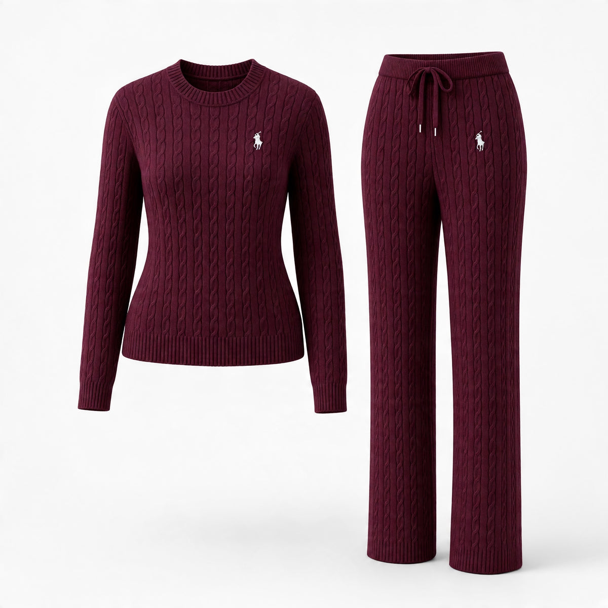 Ralph Lauren burgundy cable knit sweater and matching drawstring trousers with embroidered pony logo