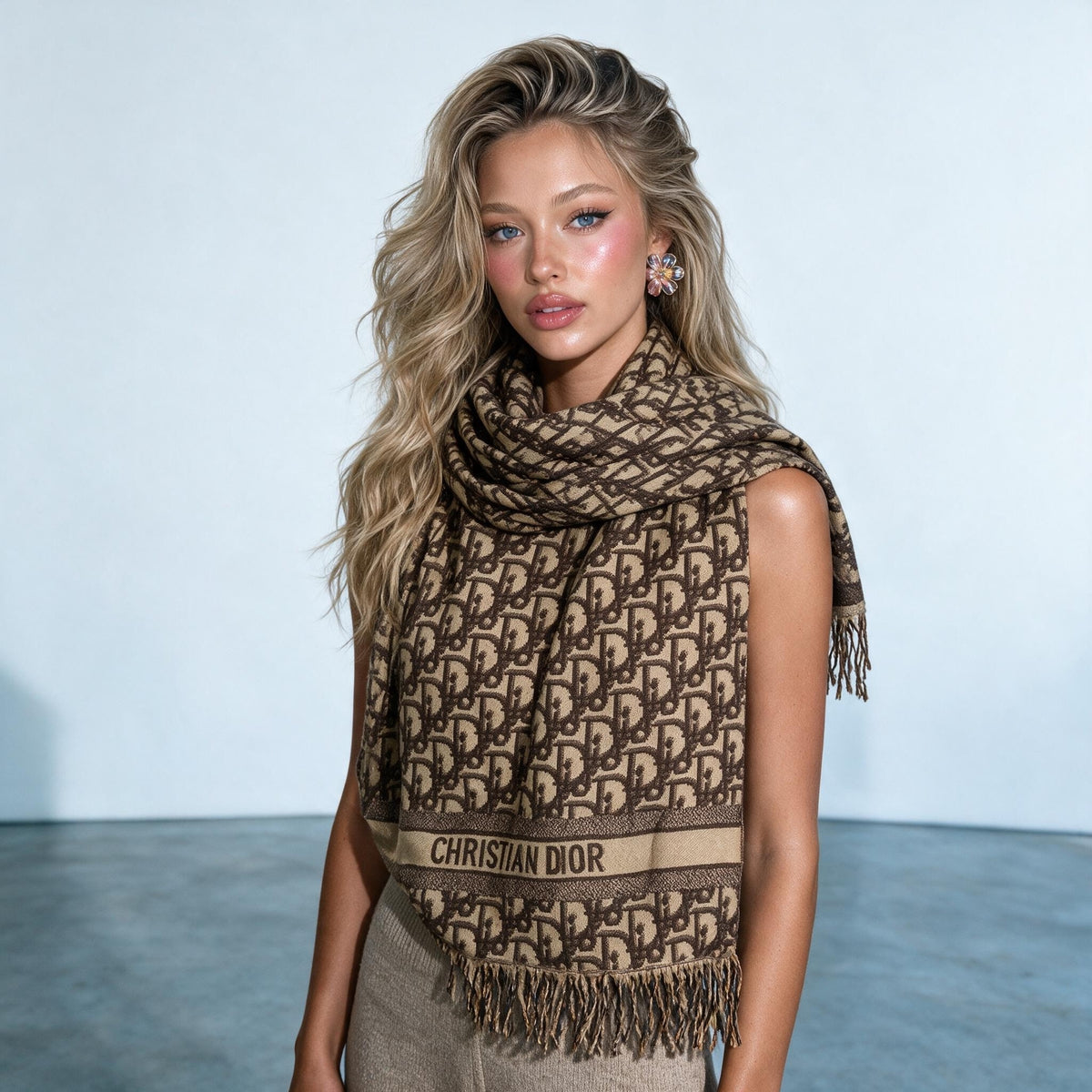 Christian Dior brown oblique logo scarf with fringe wrapped on model