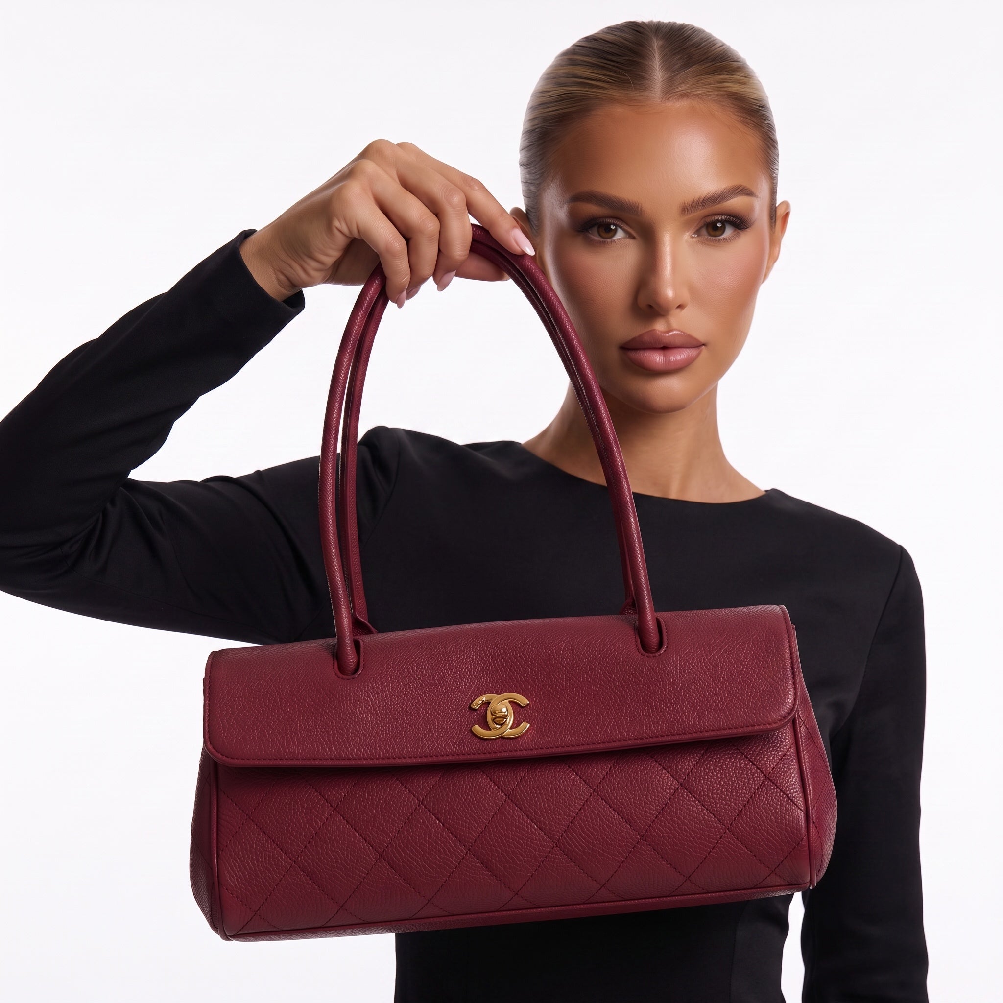 Burgundy Chanel quilted tote bag with gold CC turn-lock and double rounded top handles