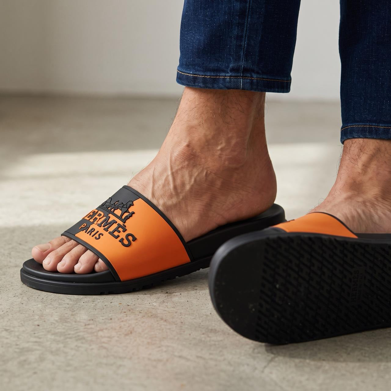 Hermès black and orange single-band pool slides on model feet