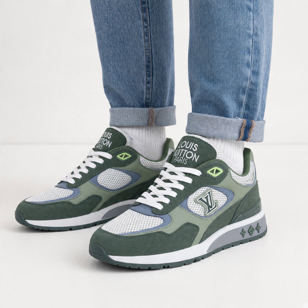 green Louis Vuitton low-top chunky sneakers with mesh panels and LV logo