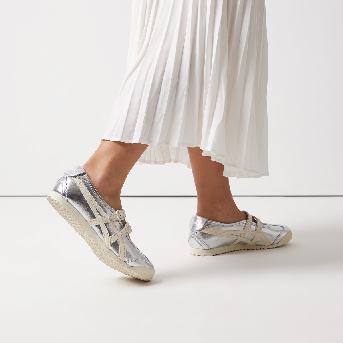 Onitsuka Tiger silver Mary-Jane style low-profile sneakers with cream stripes and double buckle straps