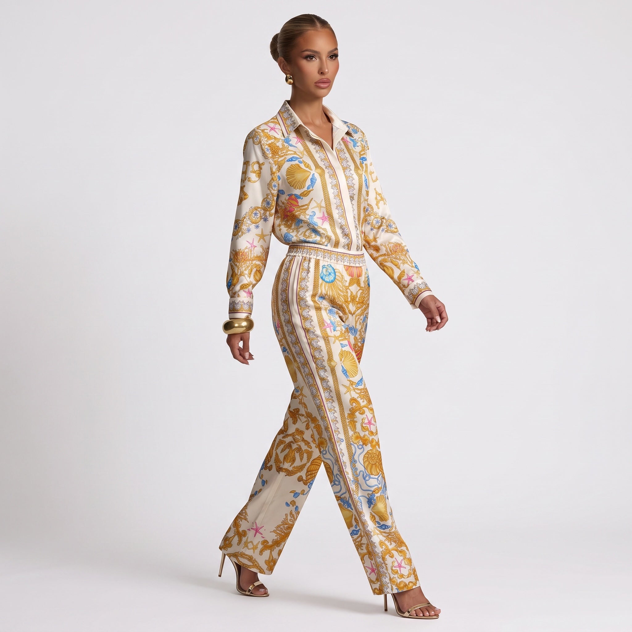 Versace cream printed button-up shirt with gold baroque seashell pattern